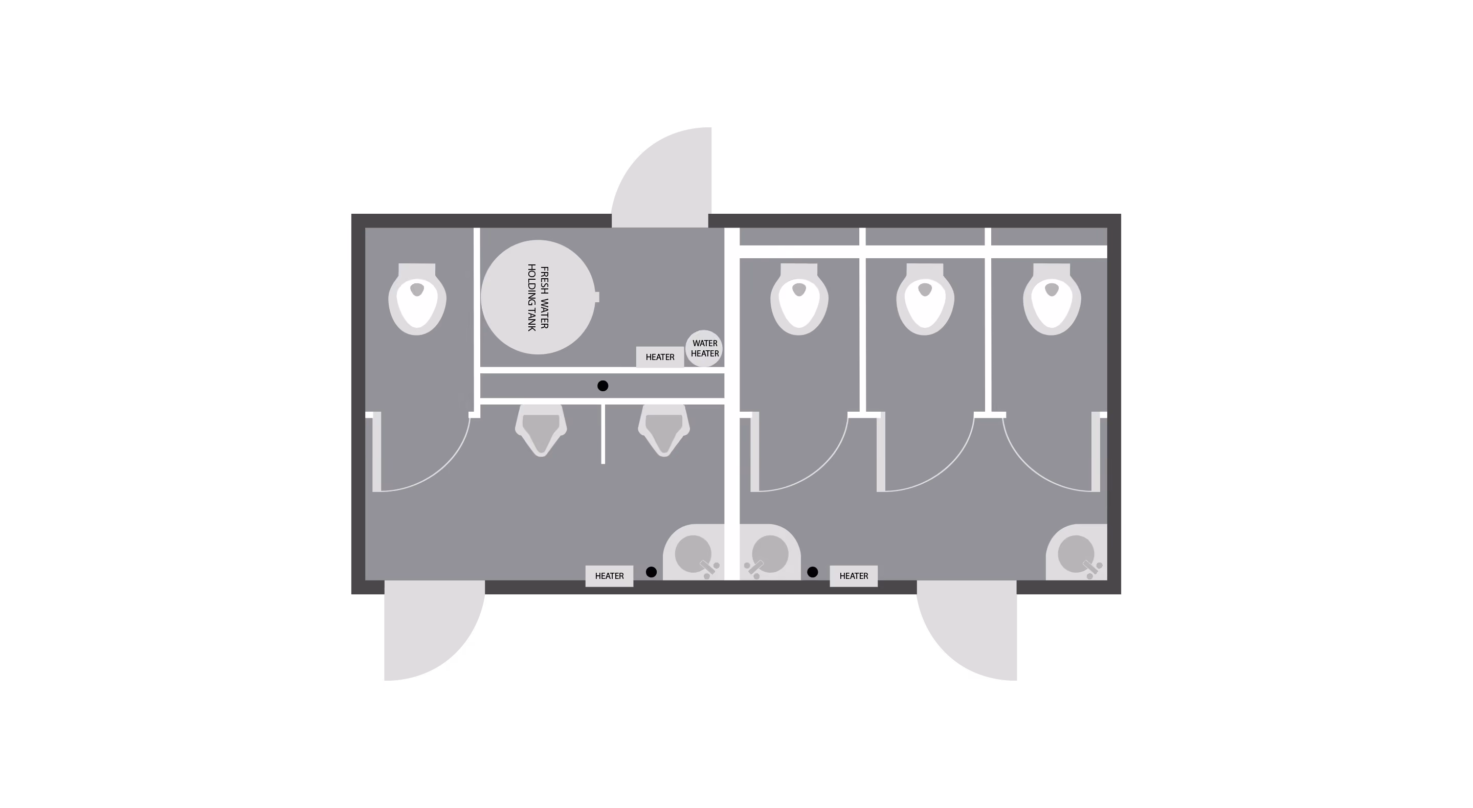 Black and white floor plan of a restroom with three toilet stalls, two urinals, sinks, and water heater tank.
