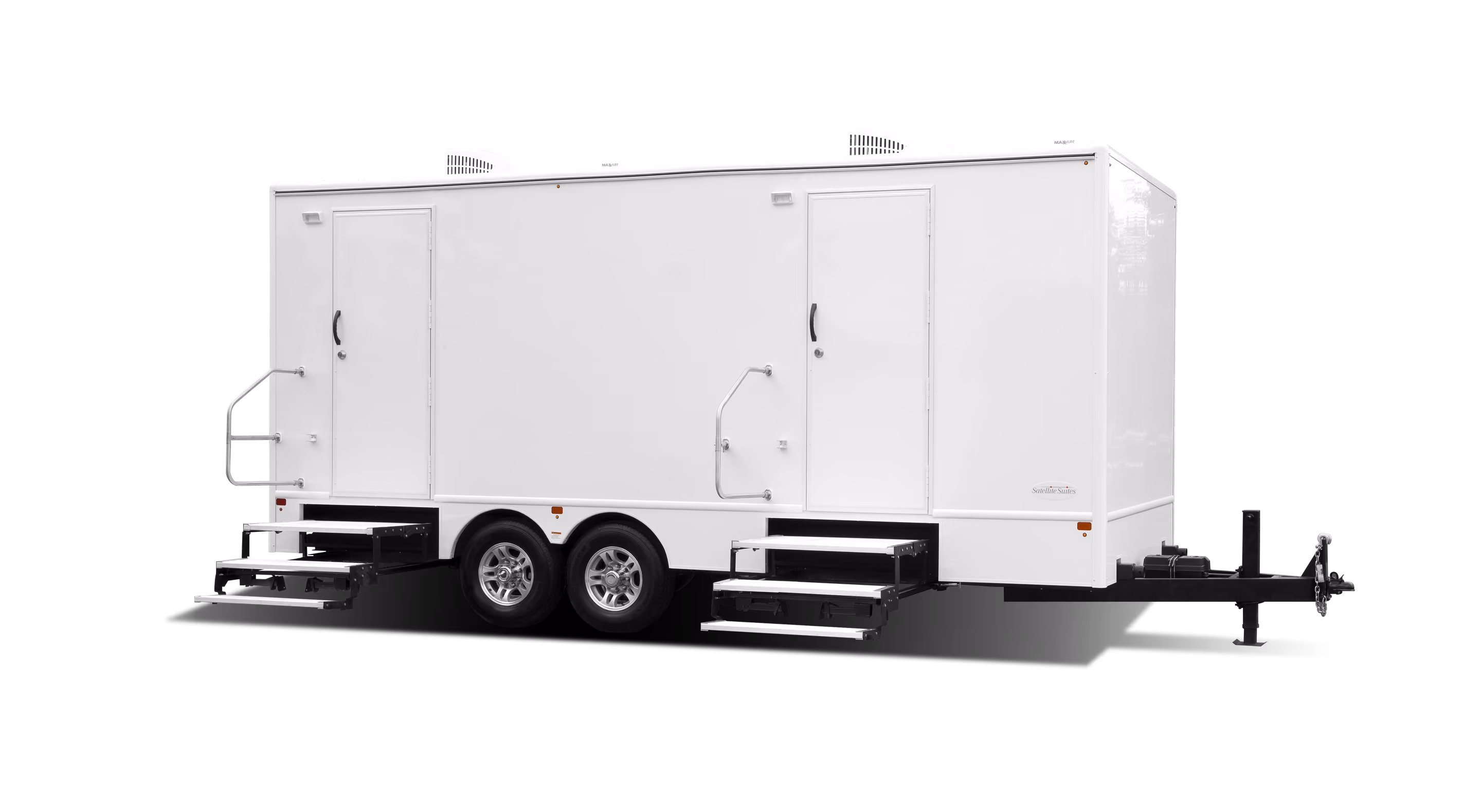 White restroom trailer with two doors, steps, and dual air conditioning units on the roof.