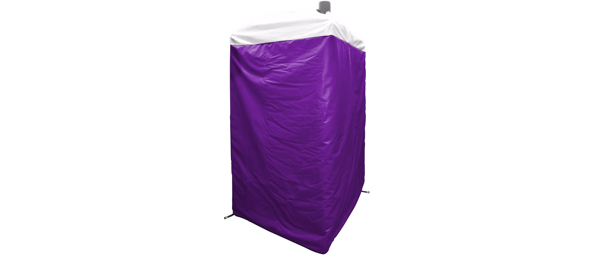 Purple and white insulated cover for an outdoor portable restroom.