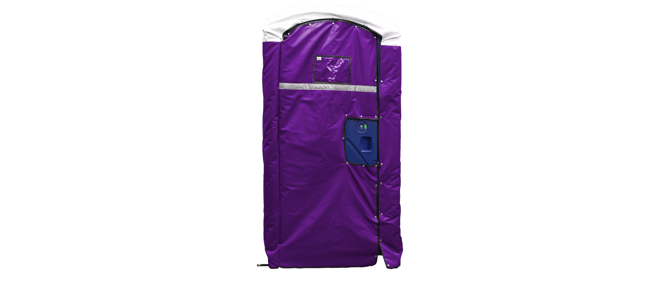 Purple insulated restroom cover with a white top and a blue access door on the front.