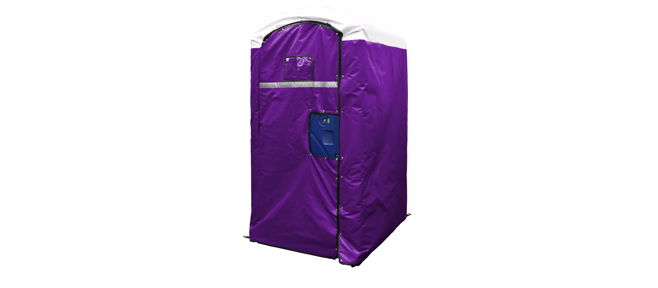 Purple insulated restroom cover with a curved top and a blue door panel.
