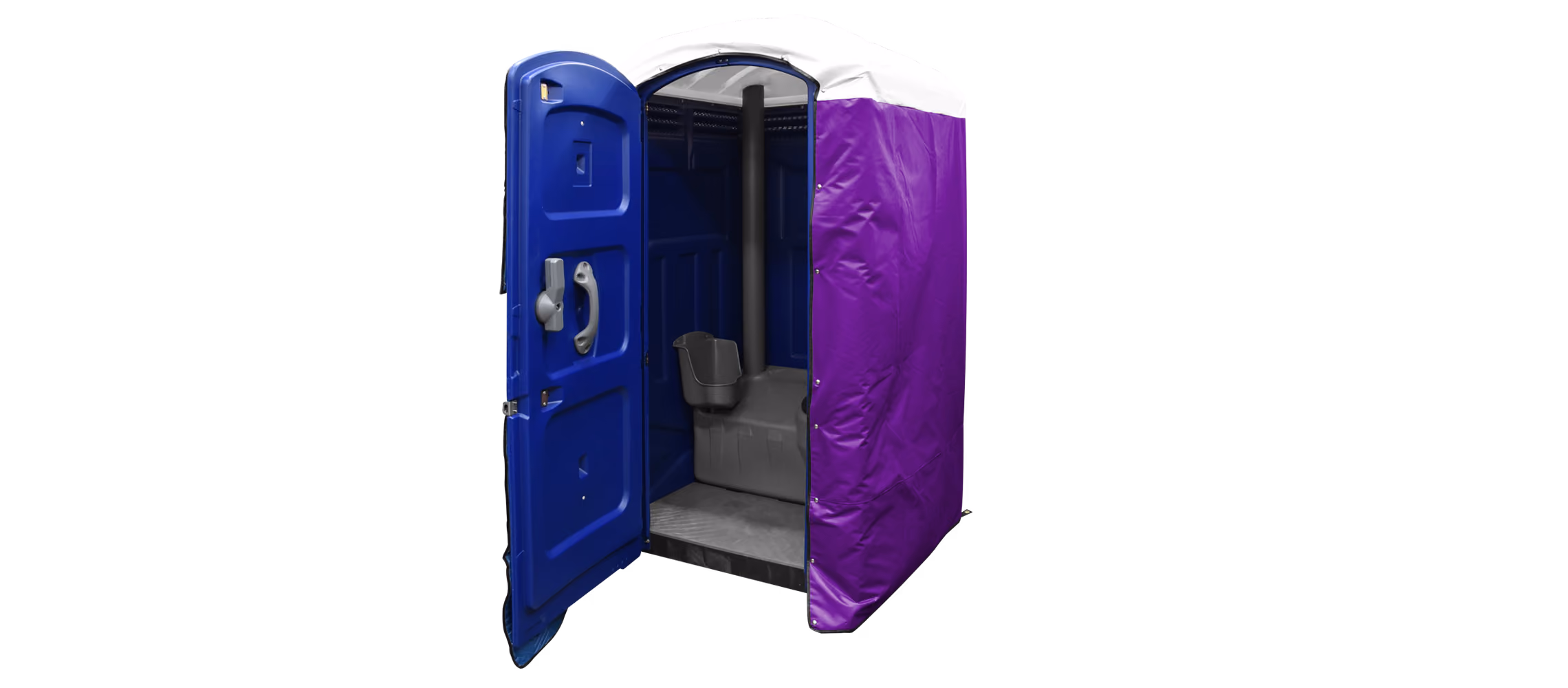 Portable restroom with blue door and purple insulated cover, open to show interior features.
