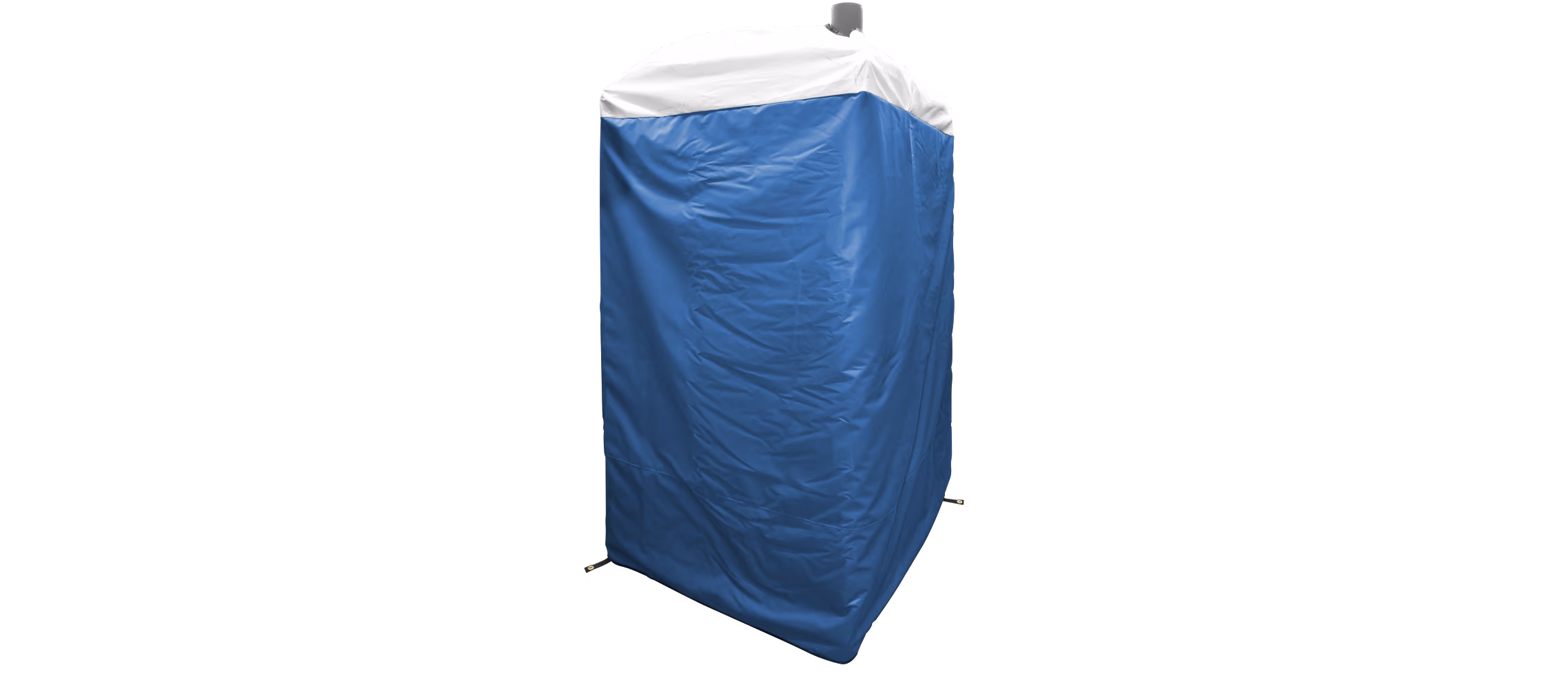 Blue and white insulated cover for a portable restroom or similar tall structure.