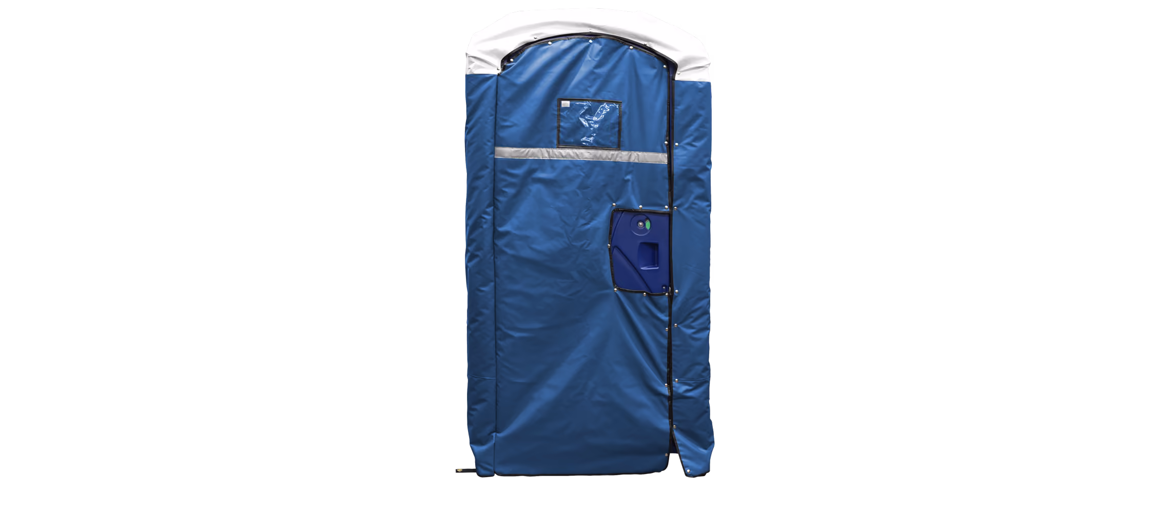 Navy blue insulated restroom cover with a zippered door and external pocket.