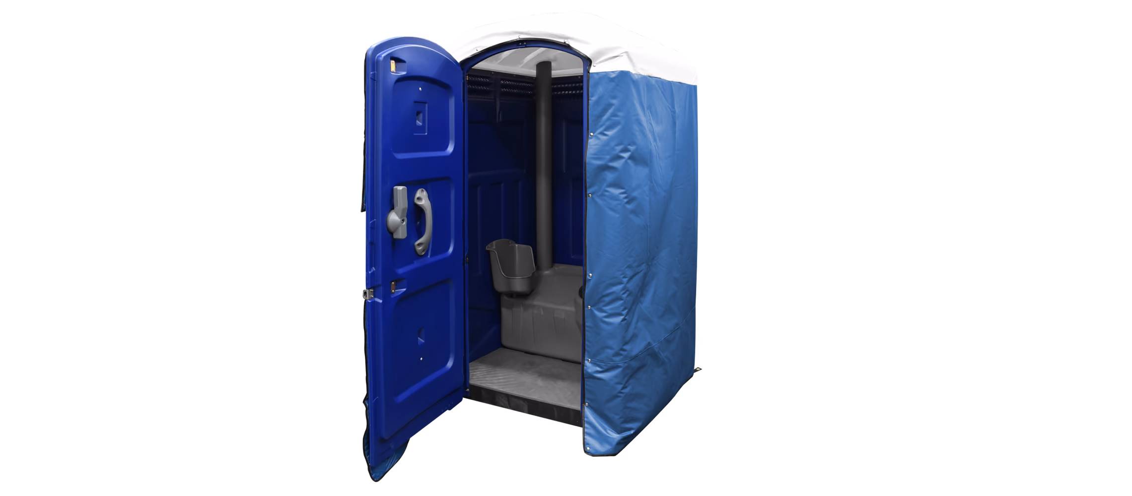 Navy blue insulated portable restroom with an open door and gray interior.