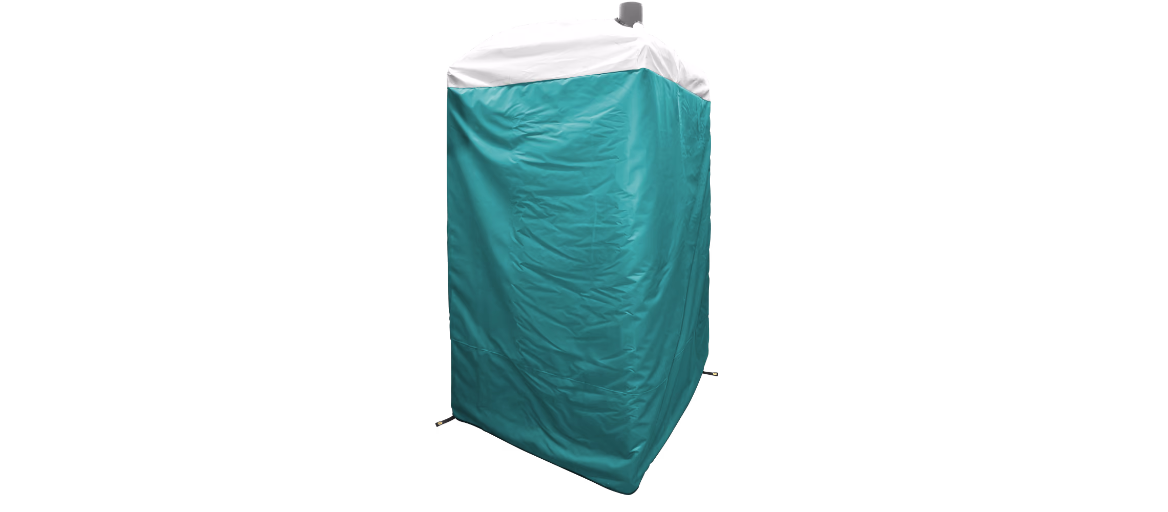 Teal and white insulated cover for a portable restroom with a ventilation pipe on top.