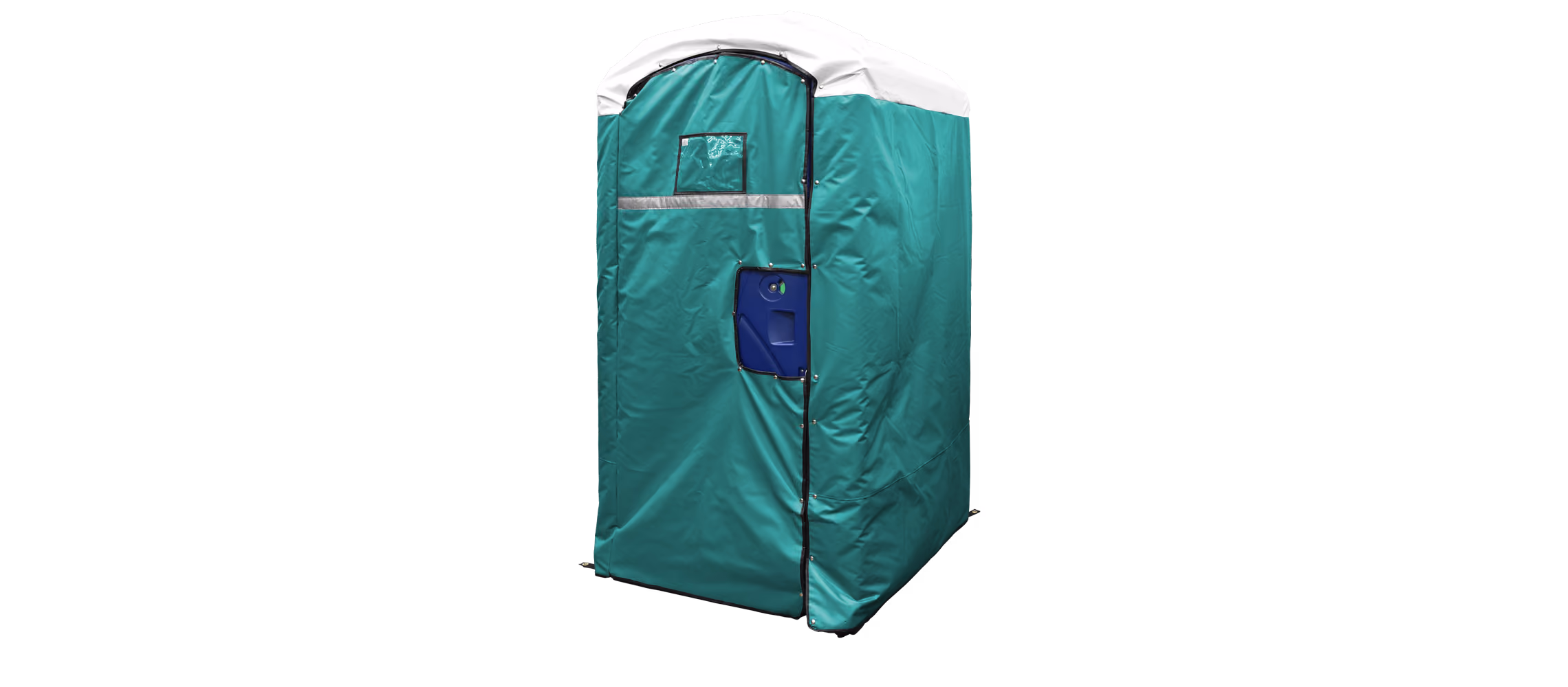 Portable restroom cover in teal with a white top, featuring a blue door and view window.