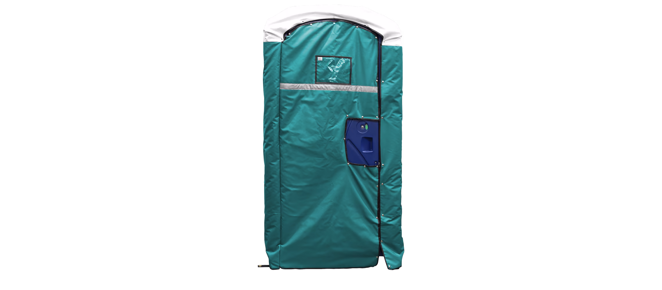 Insulated restroom cover in light blue, featuring a zippered access door and transparent window.