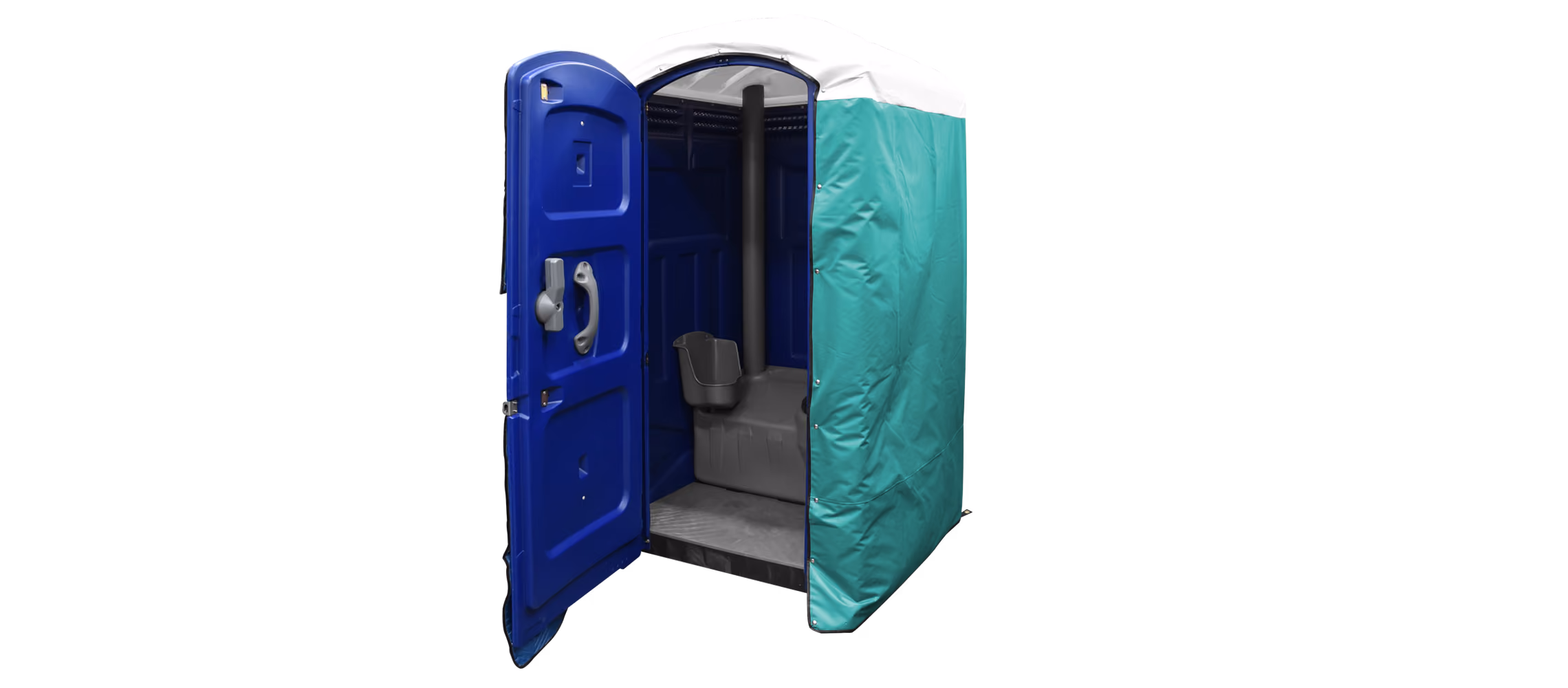 Portable restroom with an open door, featuring a blue exterior and green insulation cover.