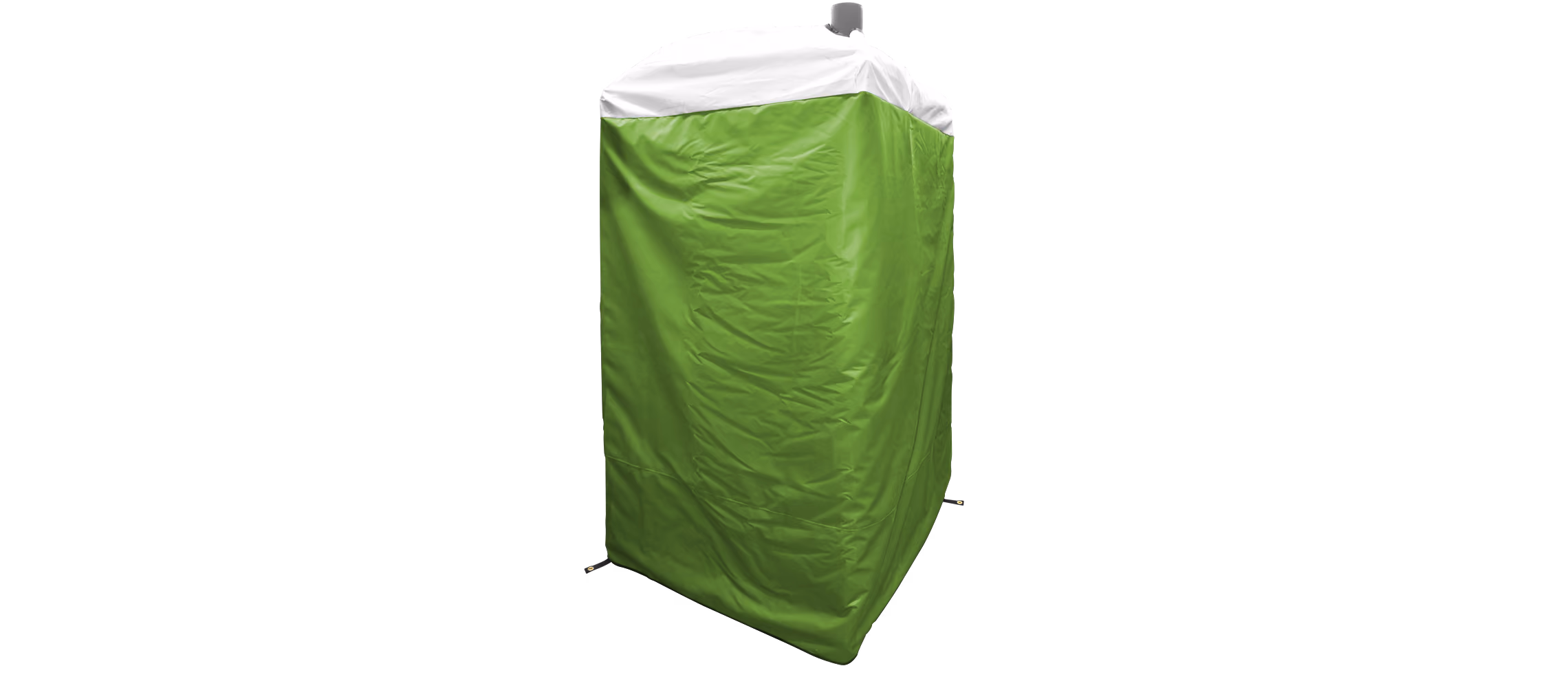 Outdoor portable restroom with a green insulated cover and white top.