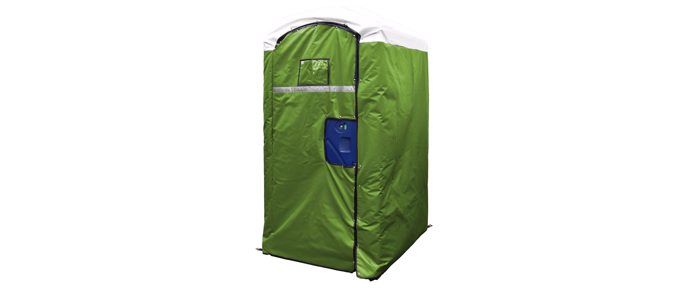 Insulated restroom cover in light green with a white top and blue door.