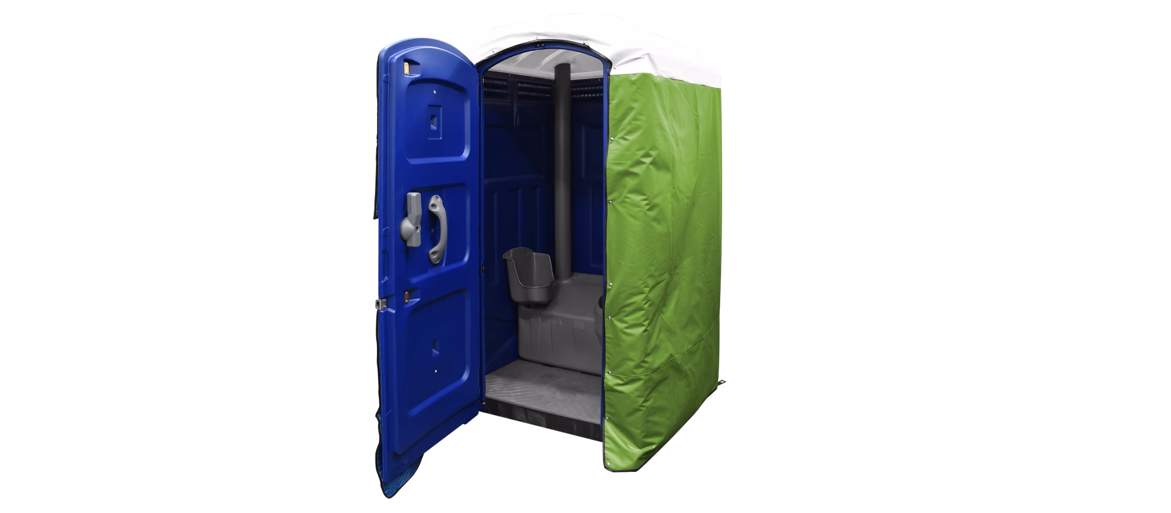 Portable restroom with a blue door and light green insulated cover, open to reveal interior.