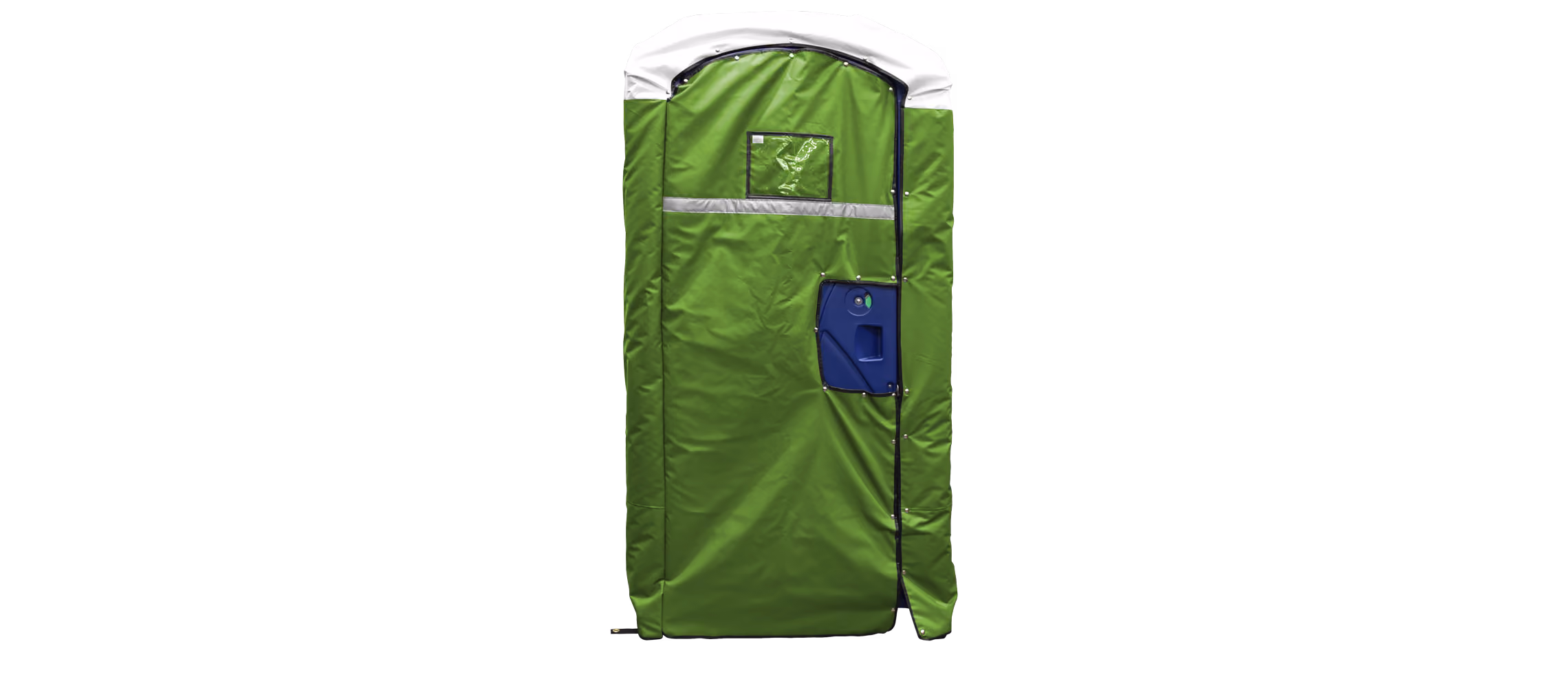 Insulated restroom cover in light green with a white top and blue door handle.