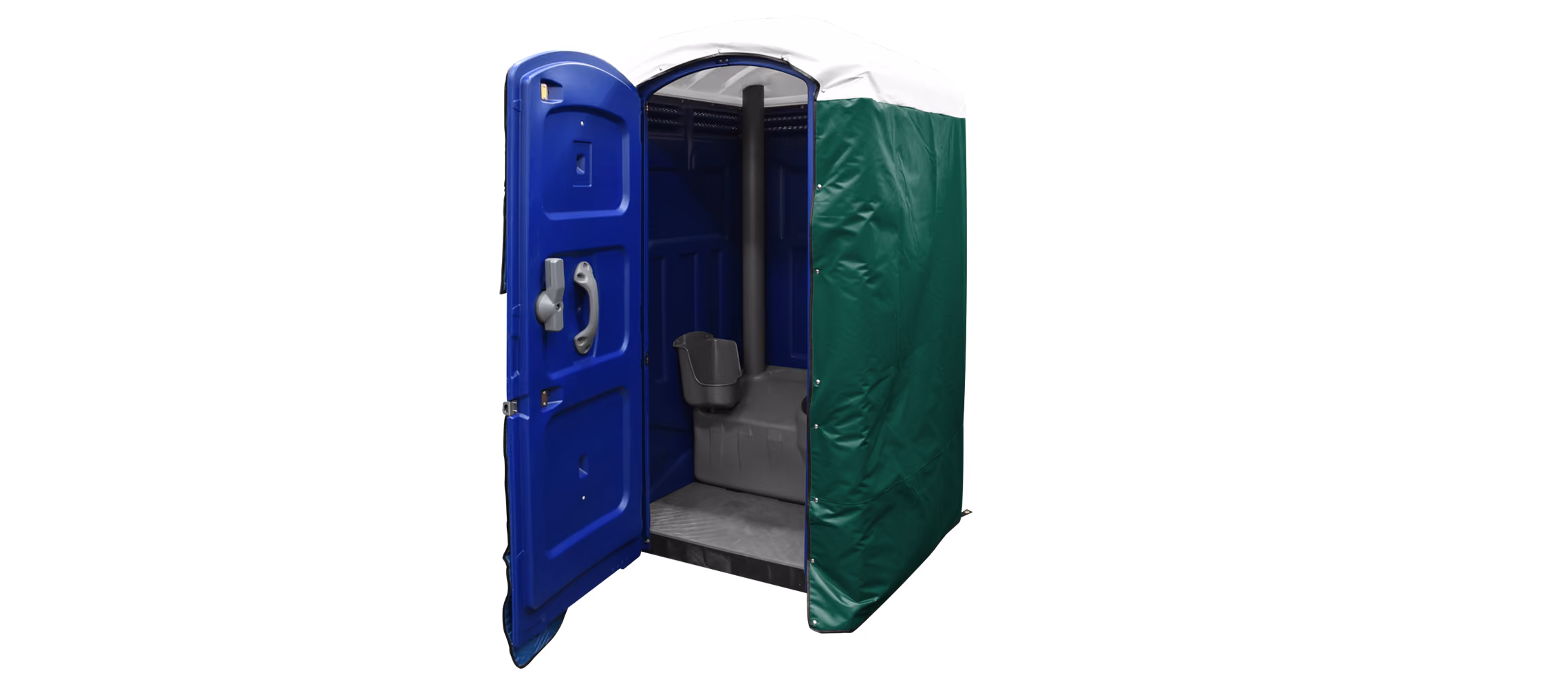 Insulated portable restroom with a blue door and forest green cover, shown with an open door.