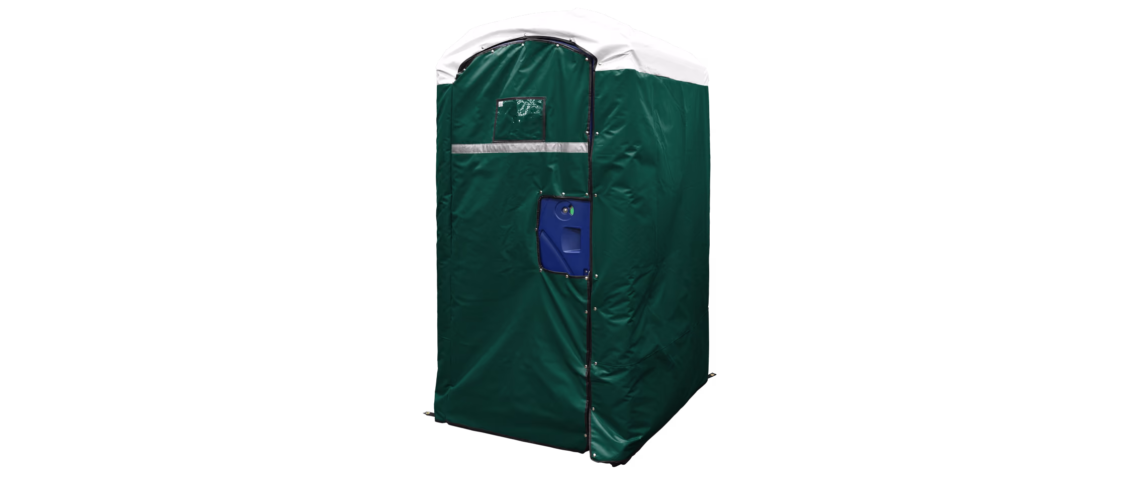 Insulated restroom cover in forest green with a white top and a blue door.