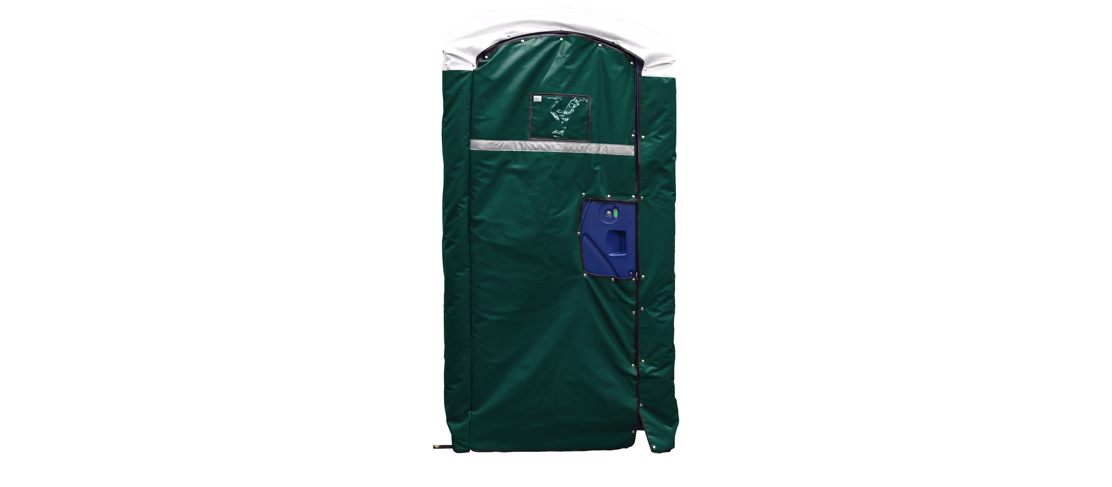 Portable insulated restroom cover in forest green with a white top and side access door.