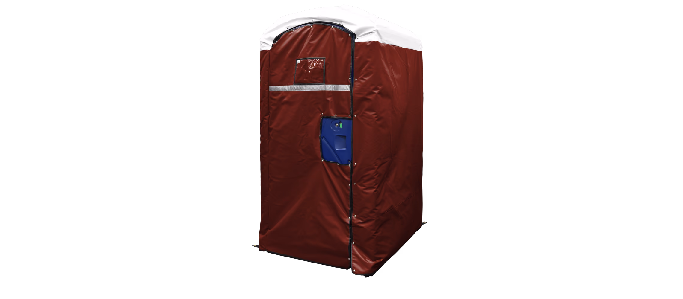 Insulated burgundy restroom cover with a curved top and a blue portable restroom inside.