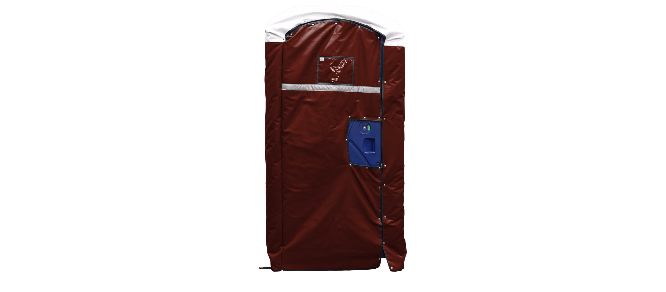 Burgundy insulated restroom cover with a white top and blue door handle, designed for outdoor use.