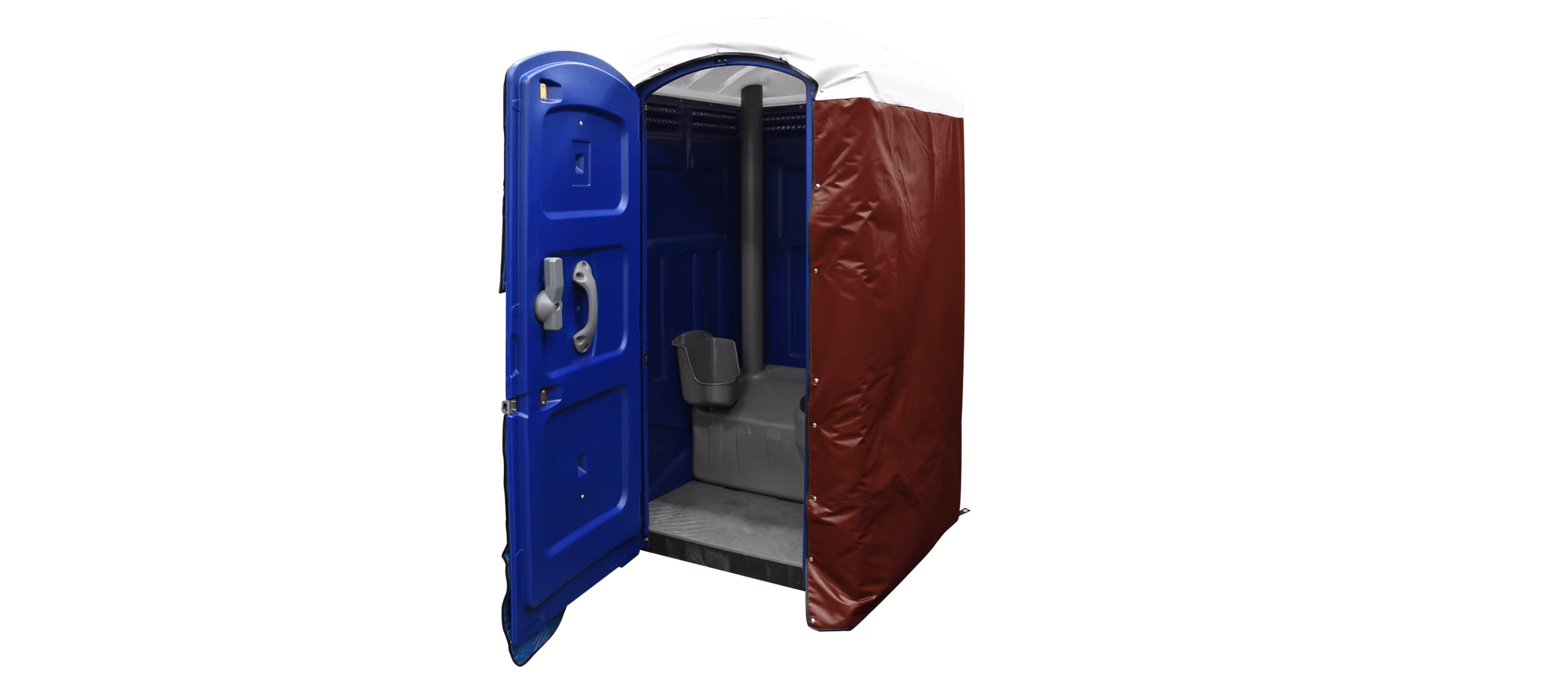 A blue portable restroom with a burgundy insulated cover, featuring a grey interior and an open