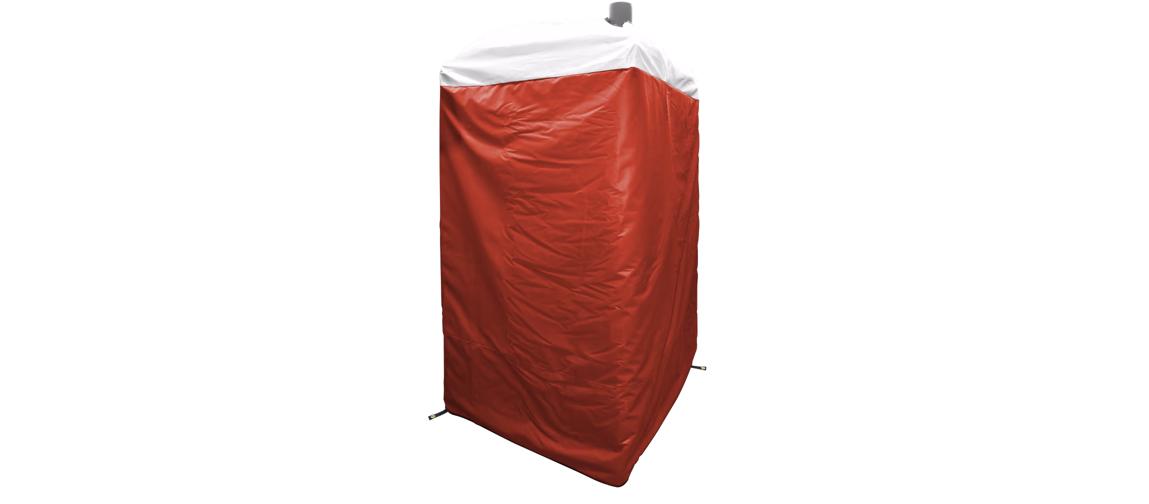 Red insulated portable restroom cover with a white top and ventilation pipe.