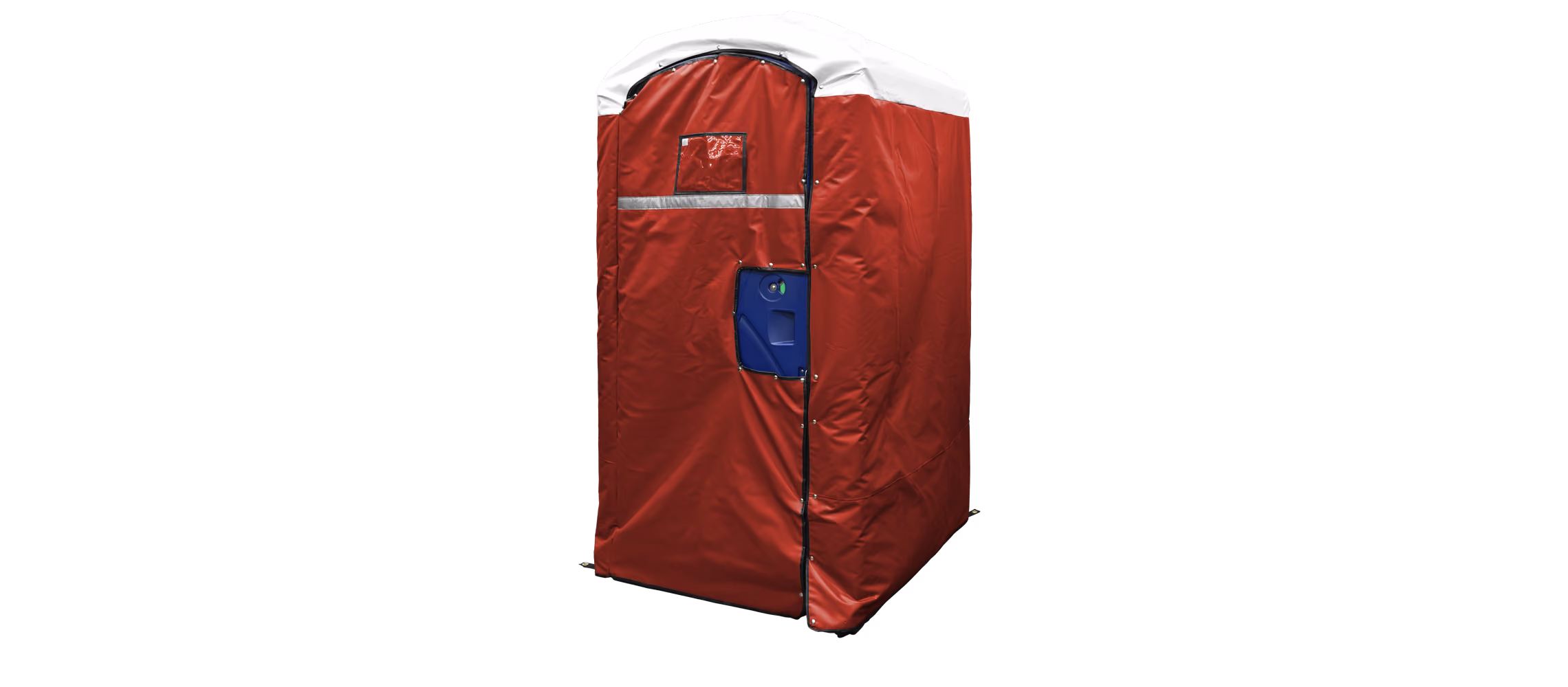 Red insulated restroom cover with a white top and a blue interior visible through the door.