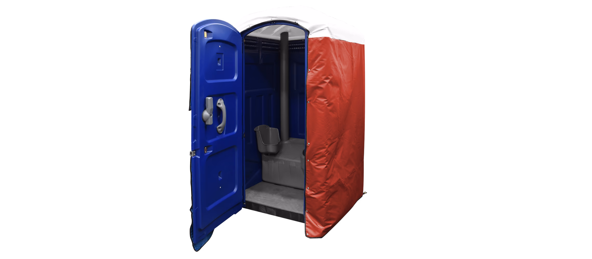 Insulated restroom cover in red and blue, with an open door revealing a portable toilet inside.