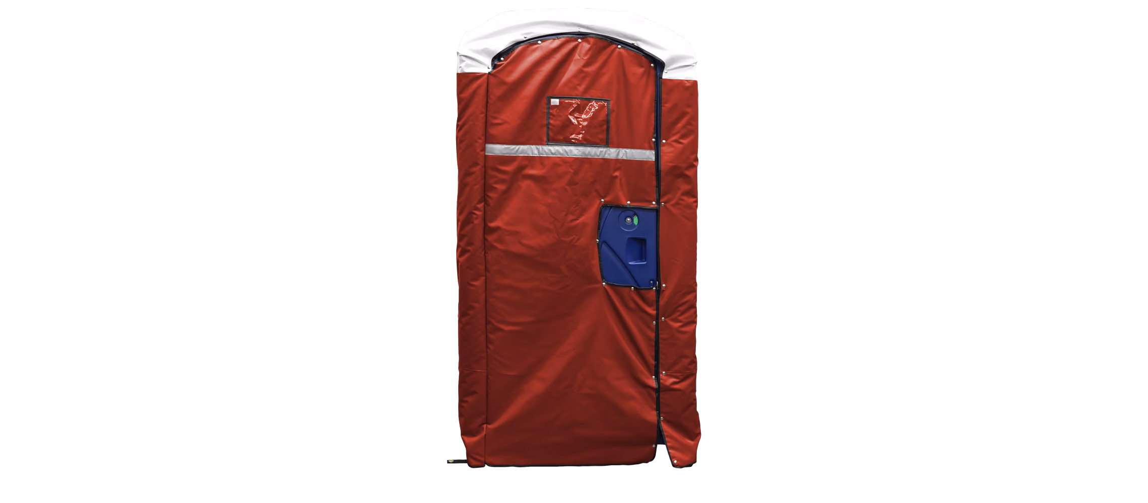 Red insulated restroom cover with a white top, featuring a blue panel for access.
