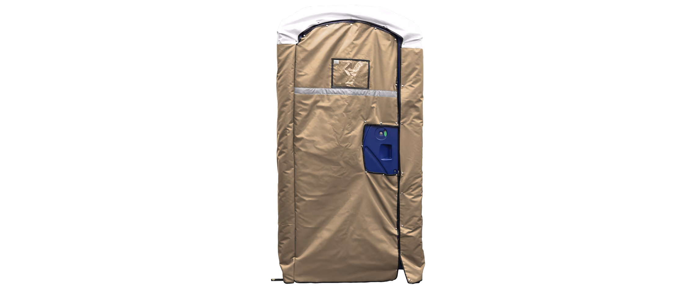 Insulated restroom cover in cream color, featuring a front door and ventilation panel.