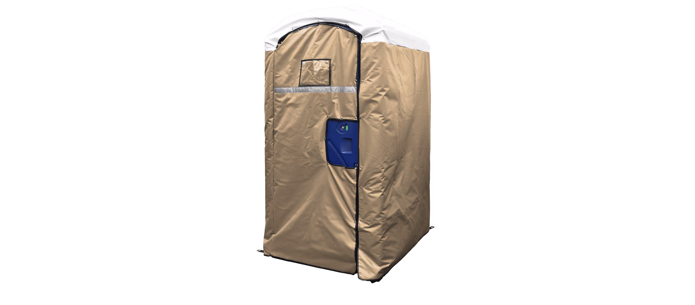 Insulated restroom cover in cream color with a zippered door and blue toilet seat visible inside.