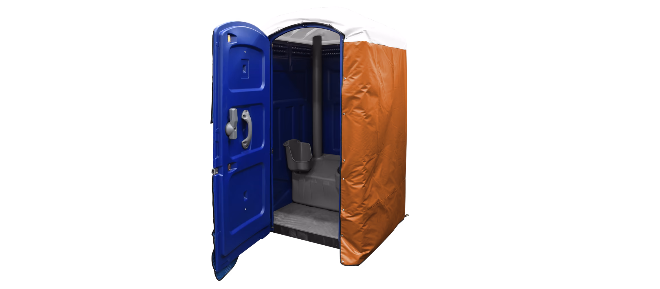 Insulated restroom cover in orange, featuring a blue portable toilet with an open door.