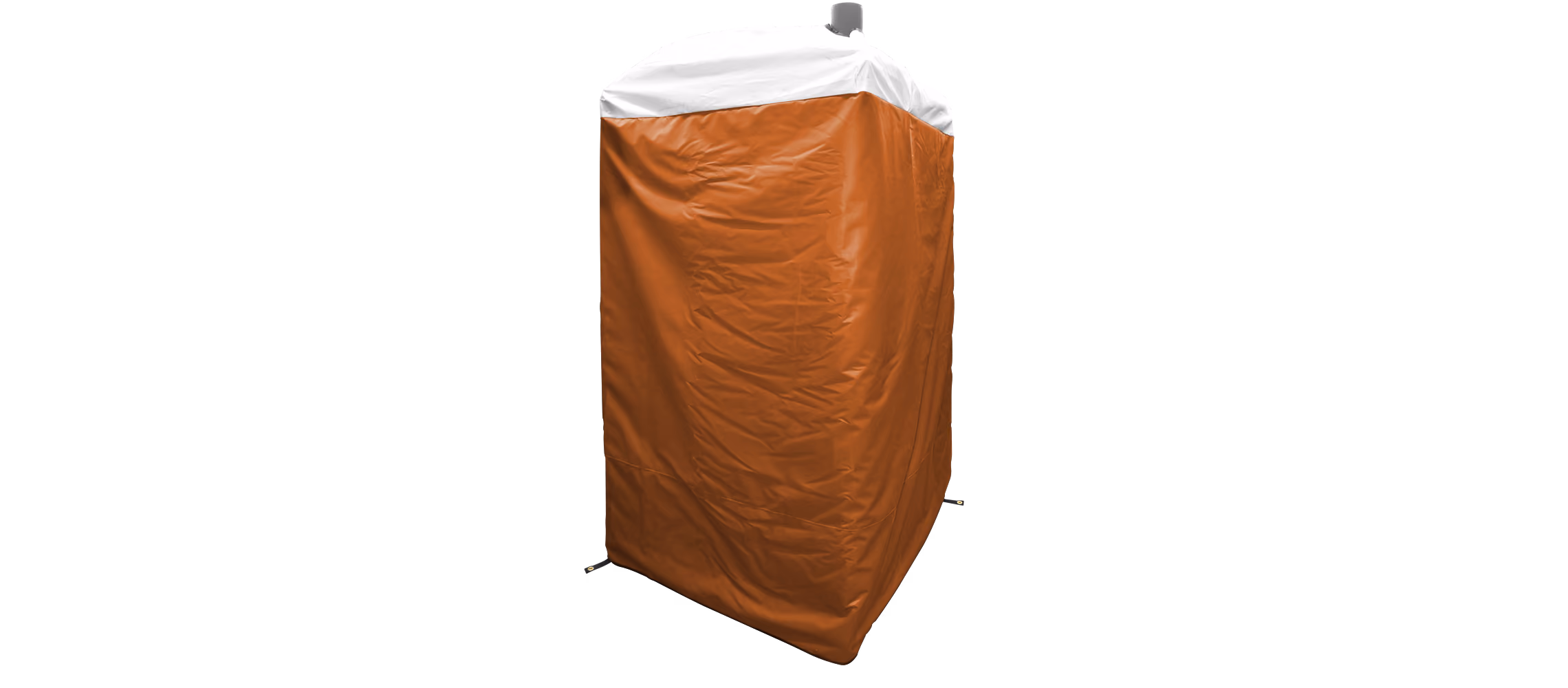 Orange and white insulated cover for a portable restroom with ties at the base.