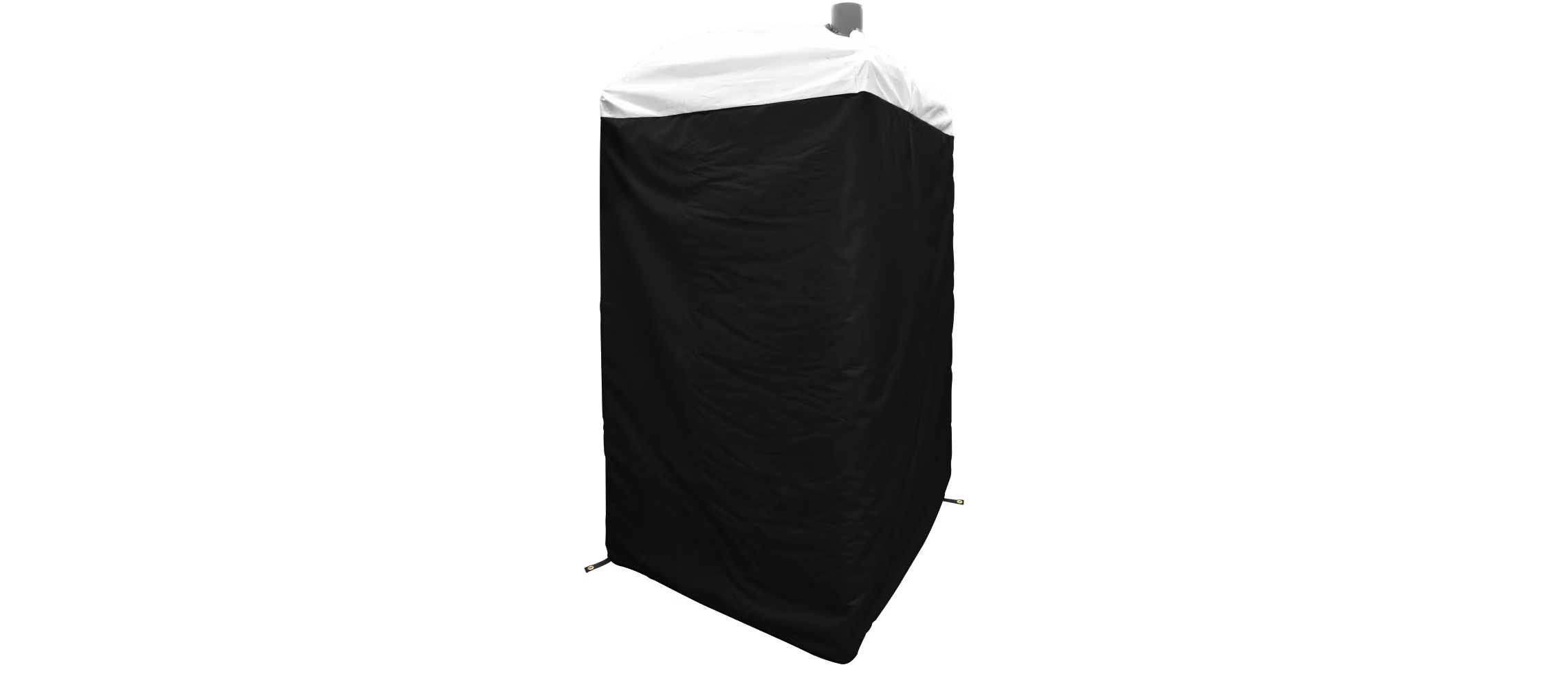 Black insulated cover with white top for an outdoor portable restroom.