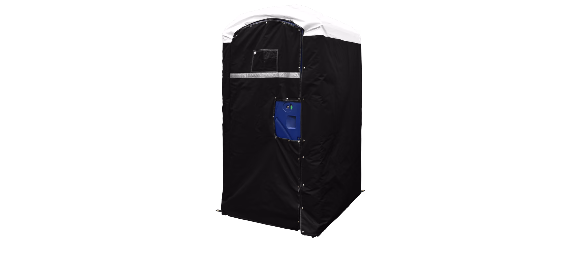 Insulated restroom cover in black with a white top; features a front door and ventilation window.