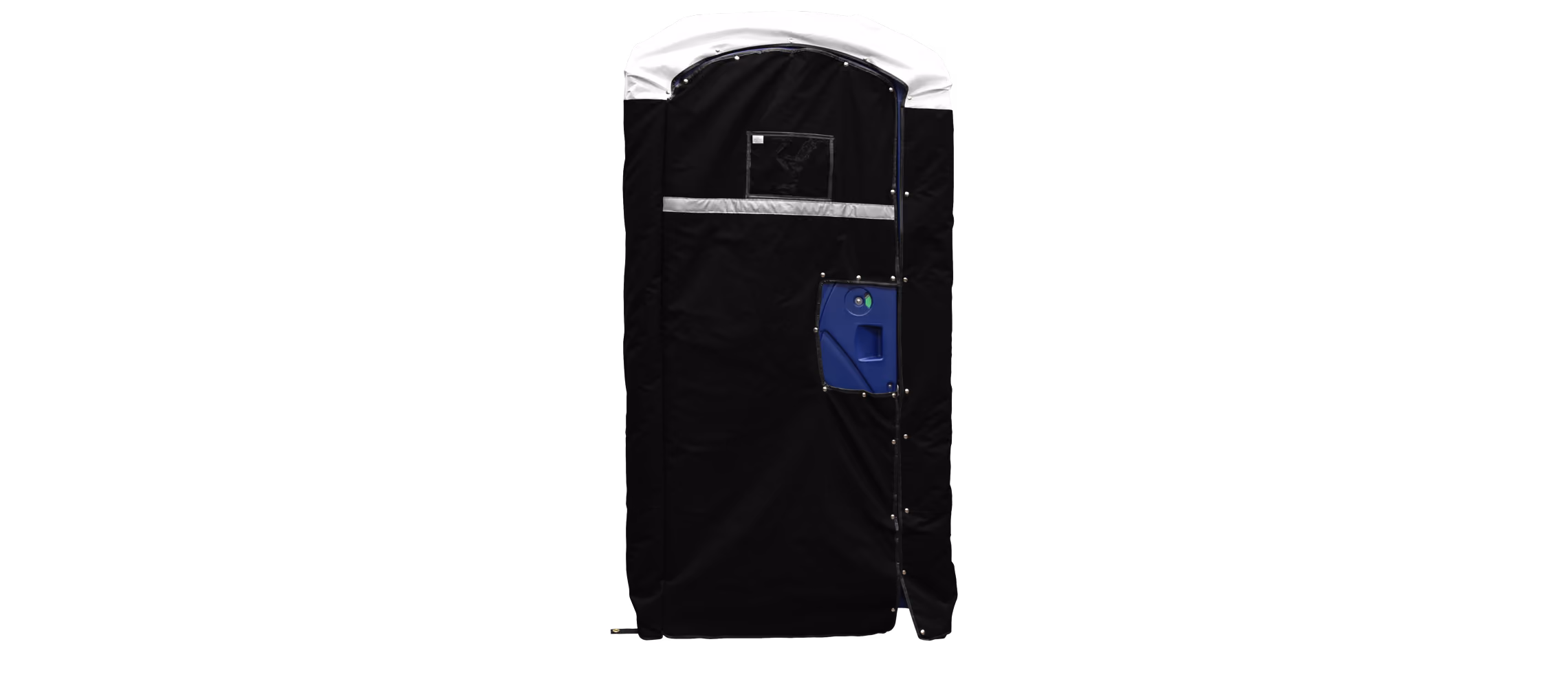 Insulated restroom cover in black with a white top and blue access panel on the side.