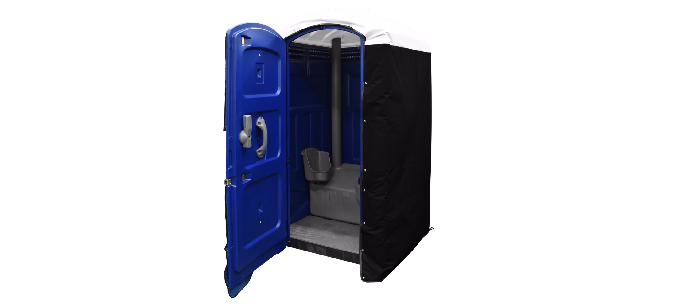 Insulated black restroom cover with an open blue portable toilet inside.