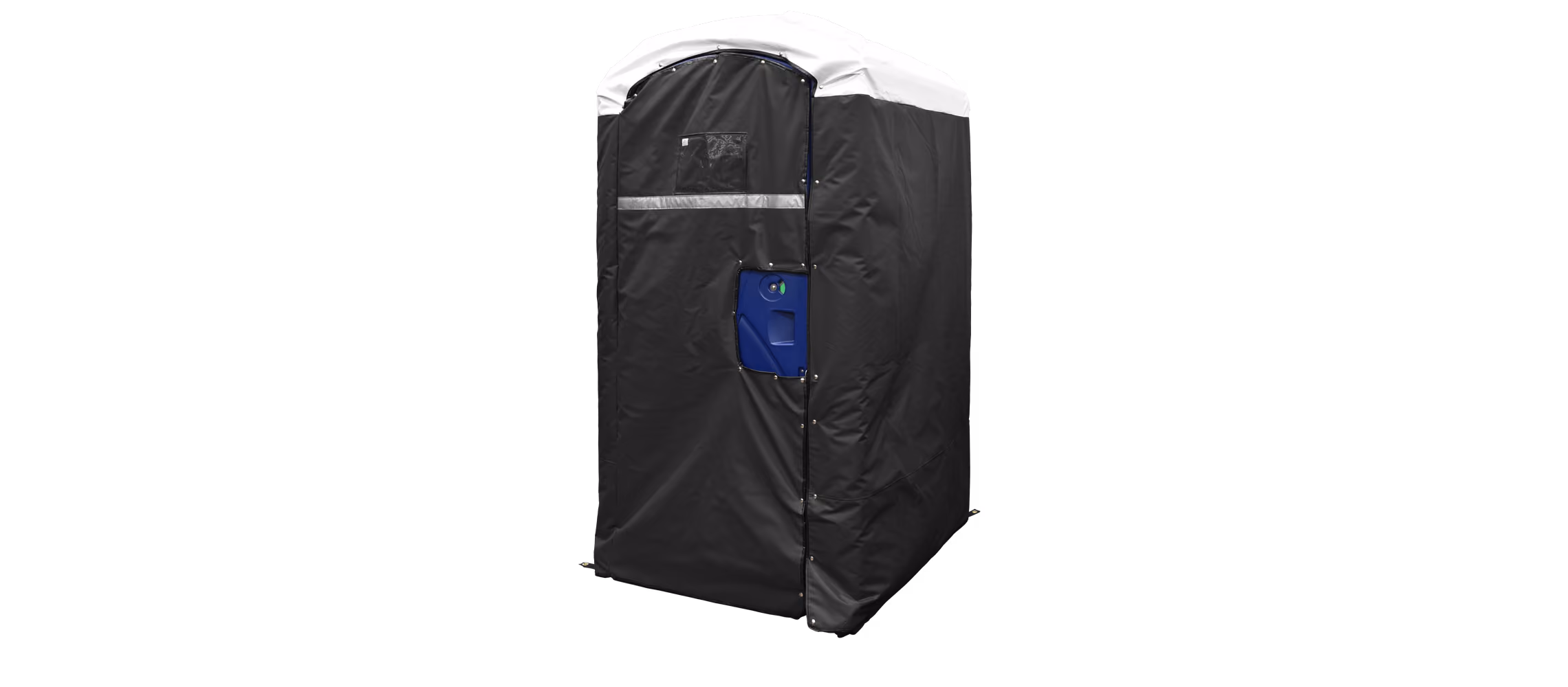 Insulated dark gray restroom cover with a white top and blue door opening.