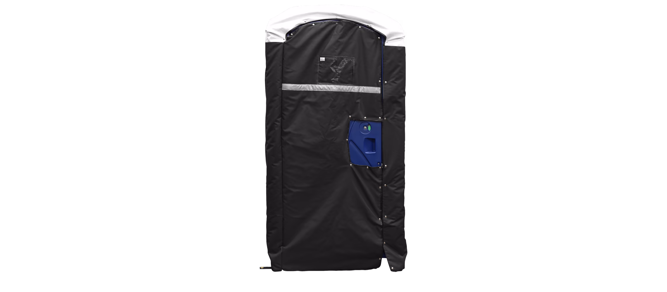 Insulated restroom cover in dark gray with a blue access panel and top white trim.