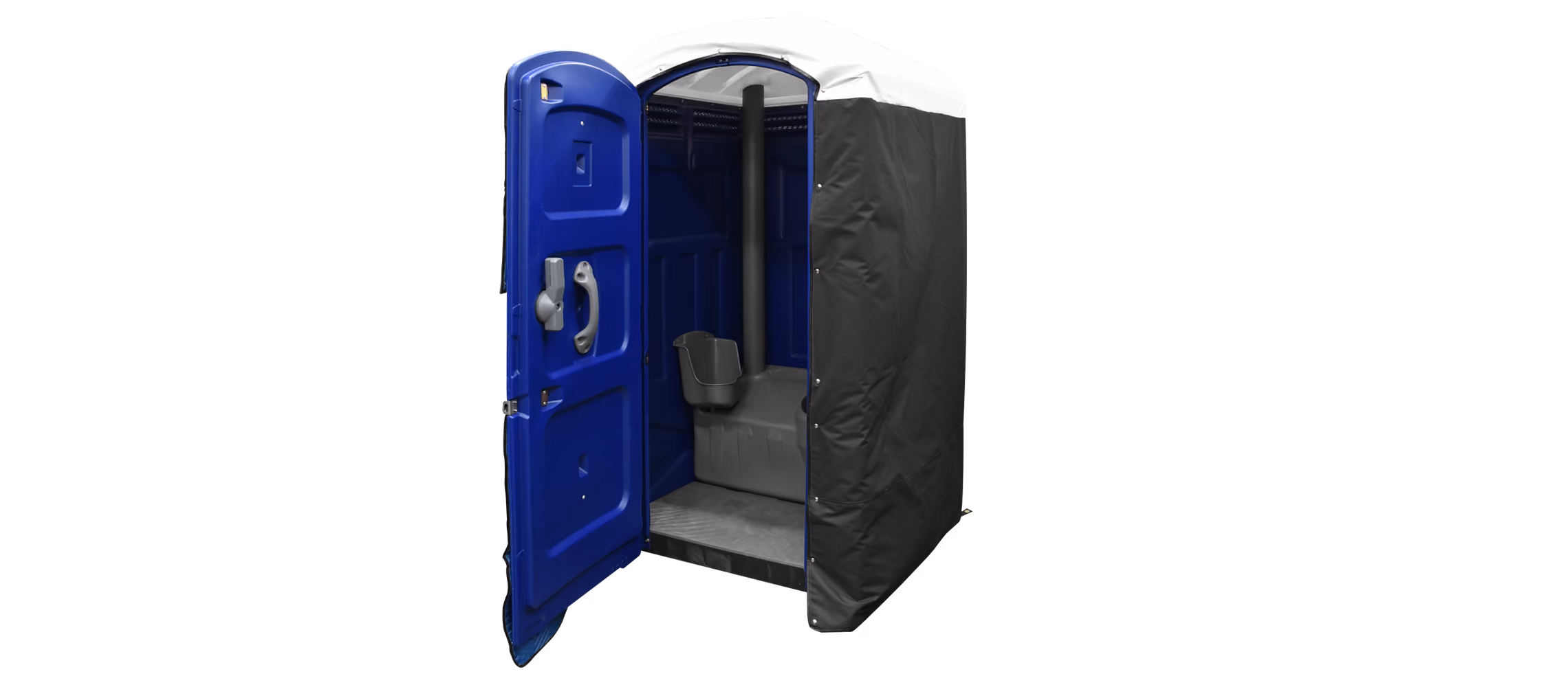 Portable restroom with insulated dark gray exterior and blue door, open to reveal interior seat.