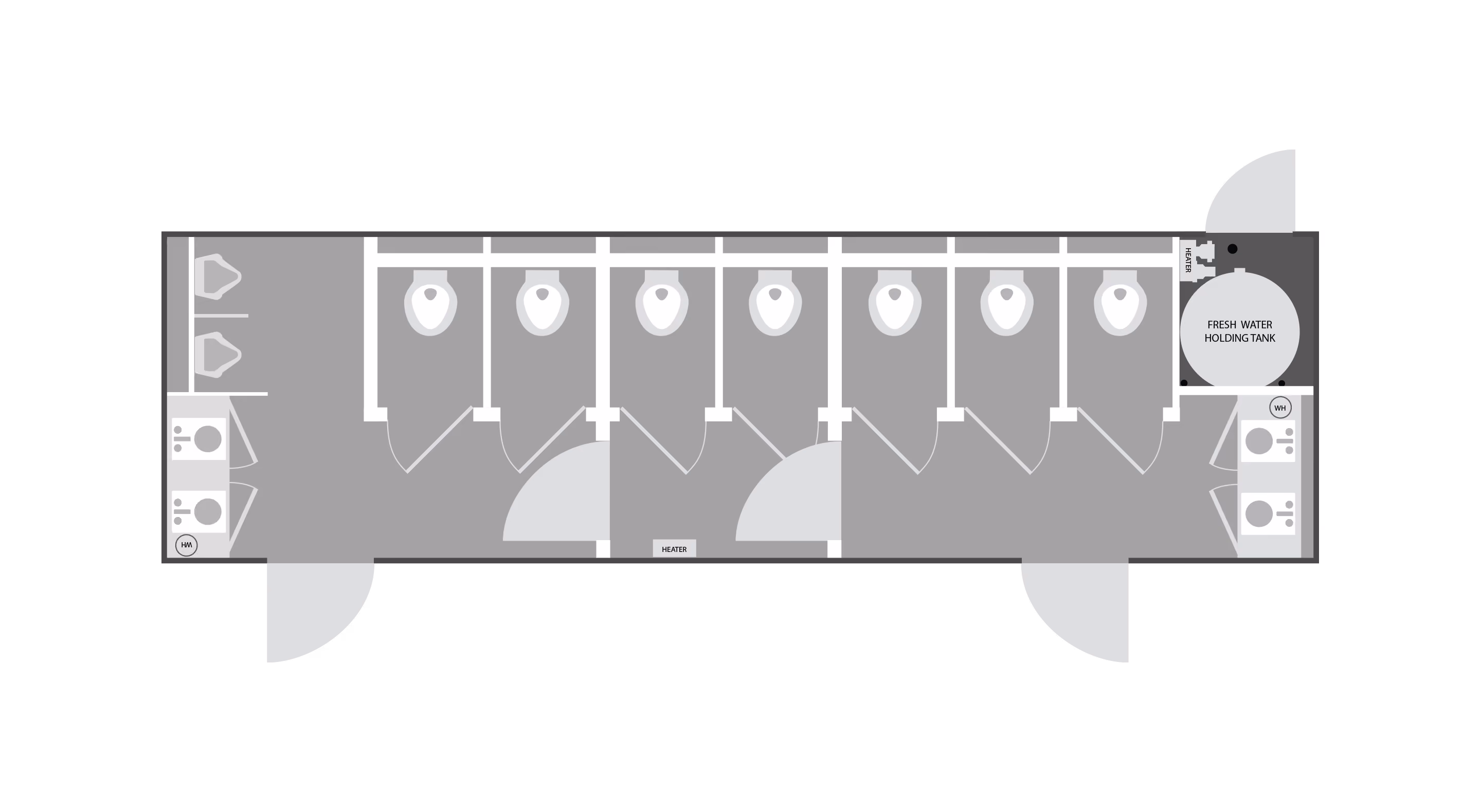 Floor plan of restroom with six toilet stalls, two sinks at each end, two urinals, and a fresh water tank.