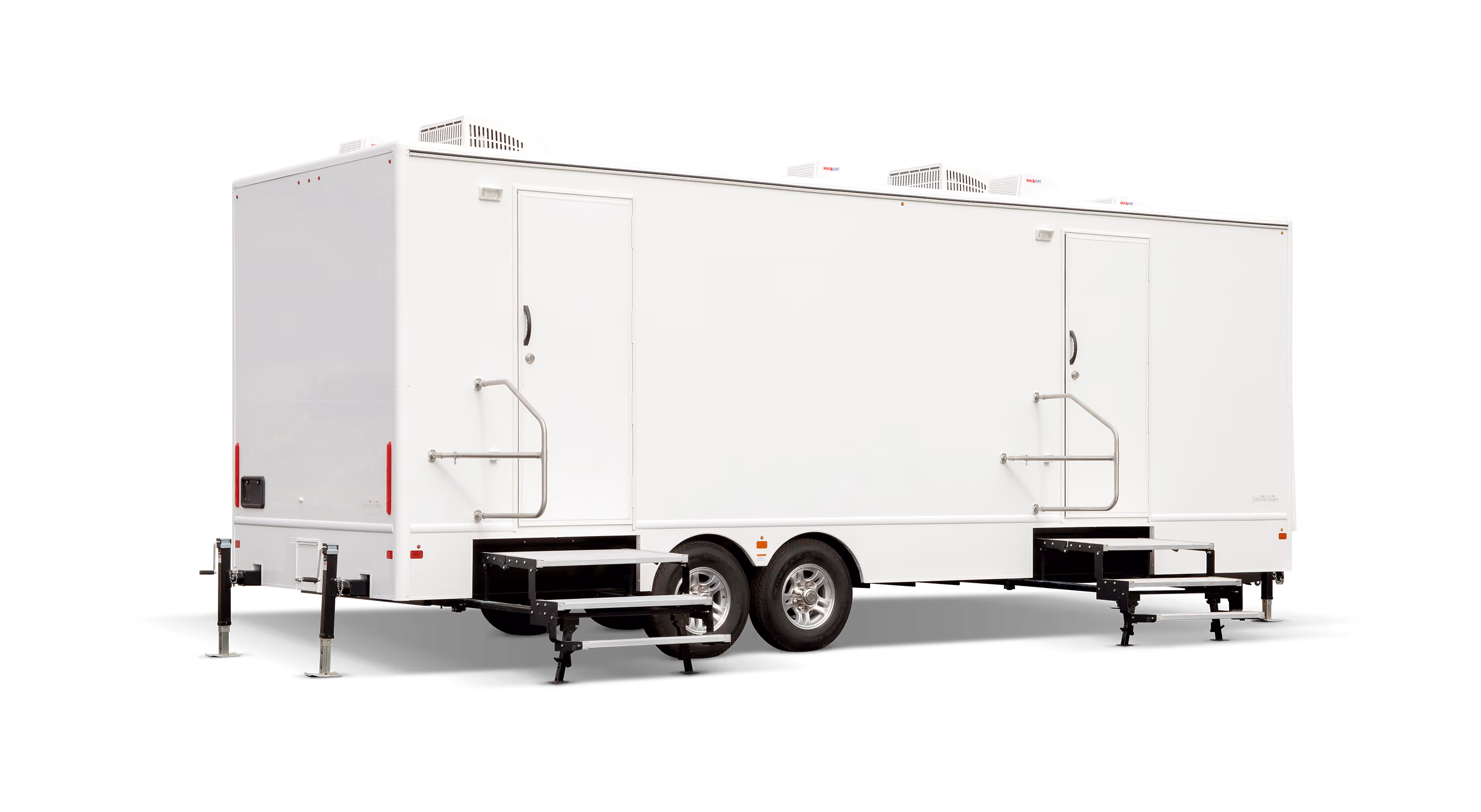 White mobile restroom trailer with two doors and multiple air conditioning units on the roof.
