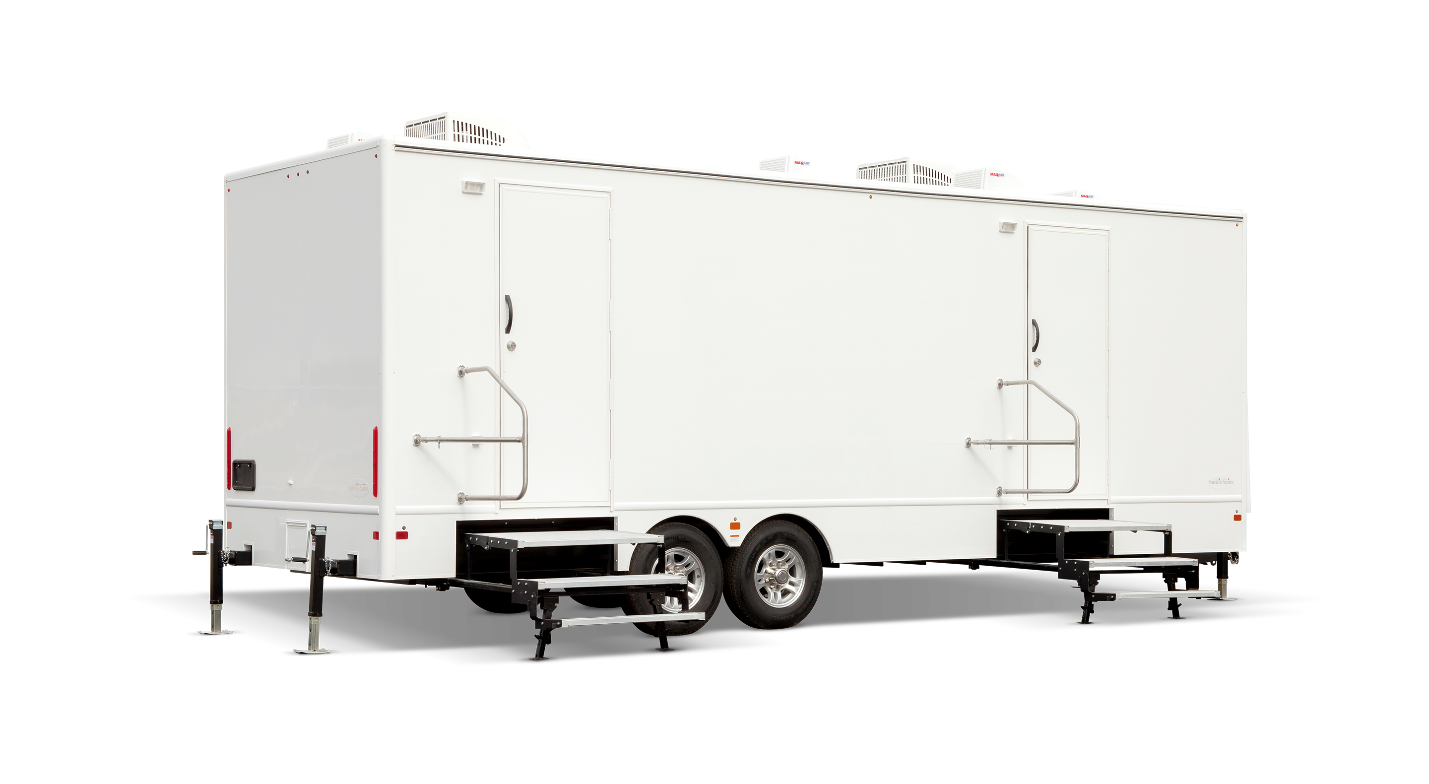 White mobile restroom trailer with two doors and multiple air conditioning units on the roof.