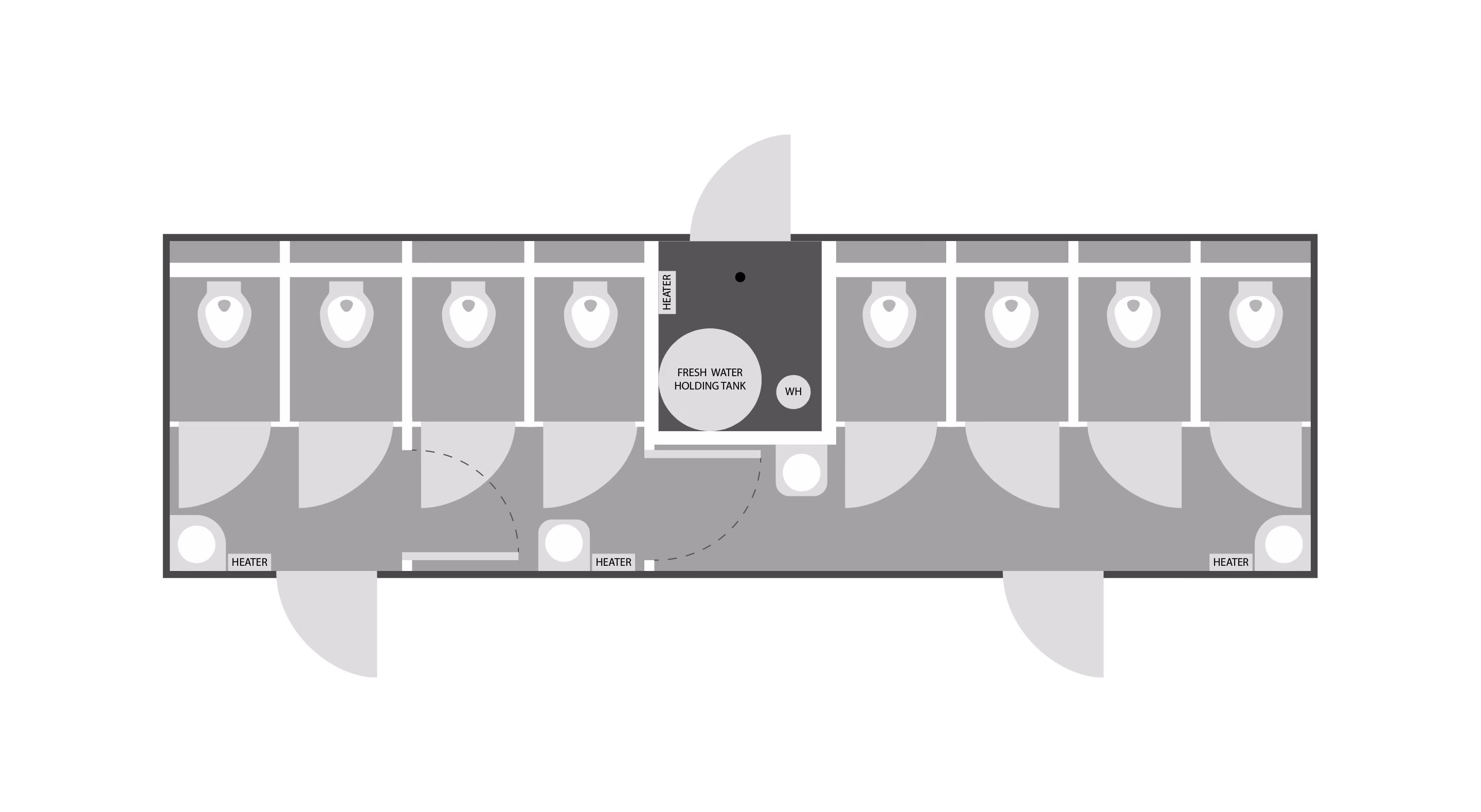 Floor plan of a suite with two rows of toilet stalls and a central fresh water holding tank room.