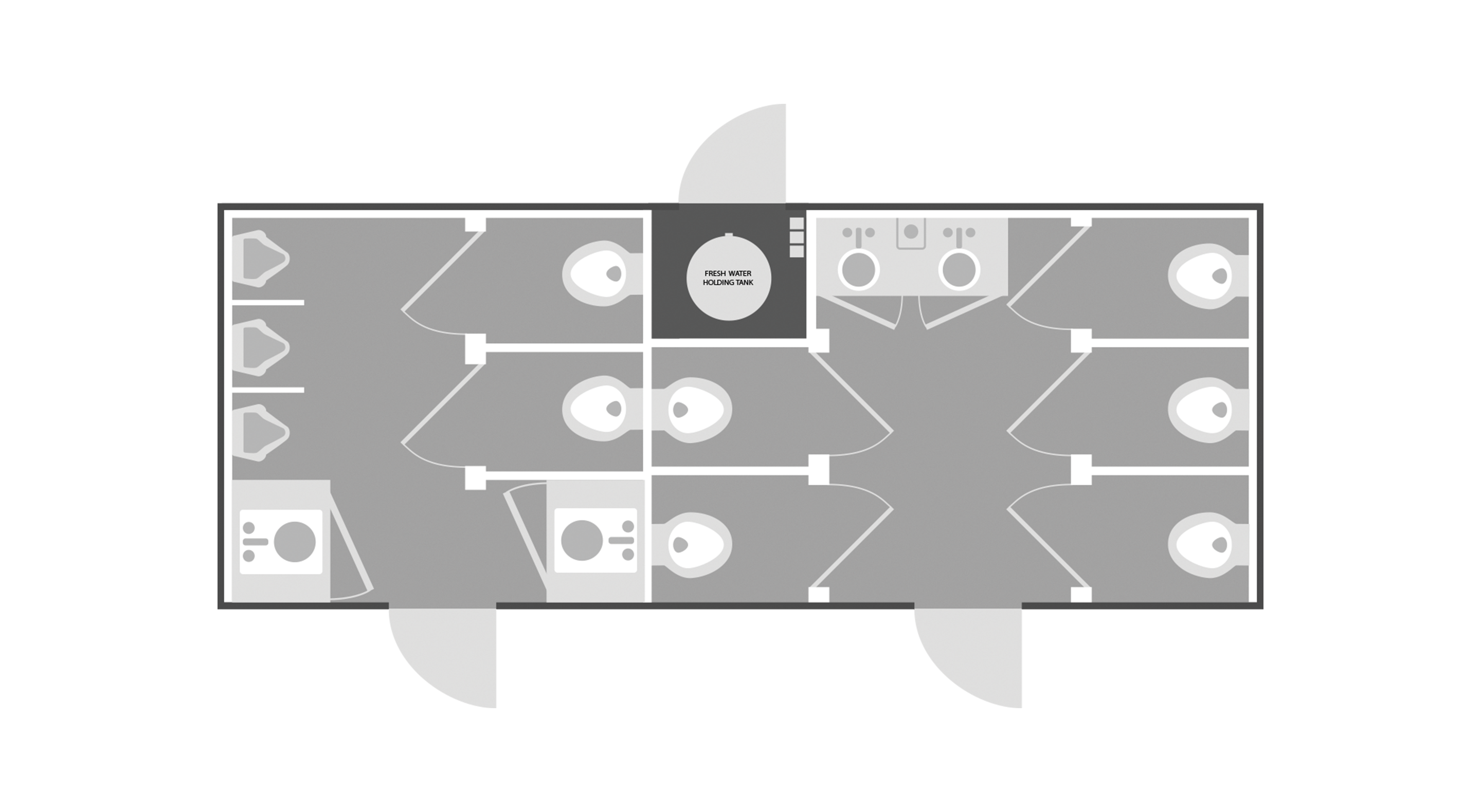 Floor plan of a restroom suite with multiple toilets, sinks, urinals, and a fresh water holding tank.