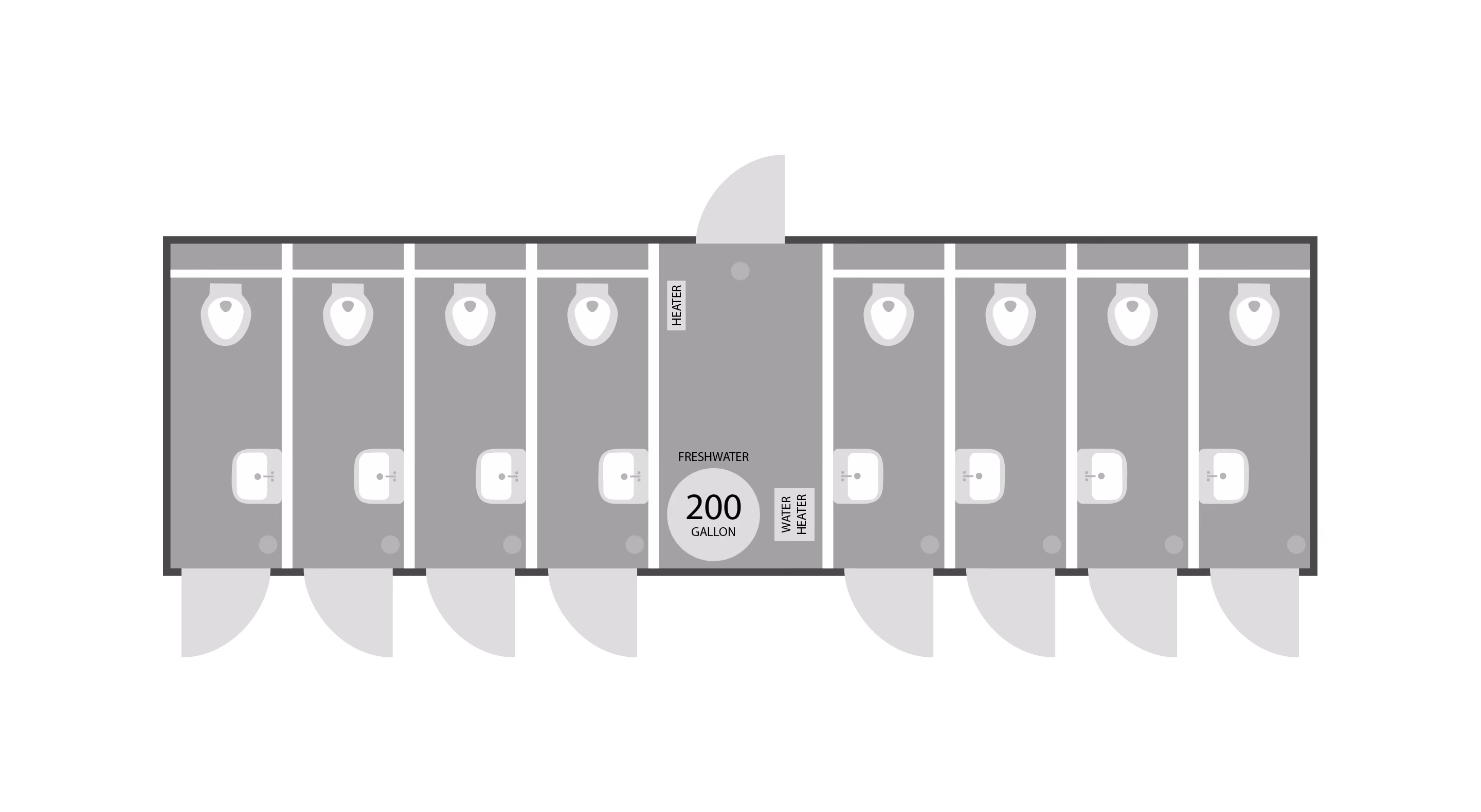 Floor plan of a restroom with eight stalls, each with a toilet and sink, plus a central area with a heater and water heater.