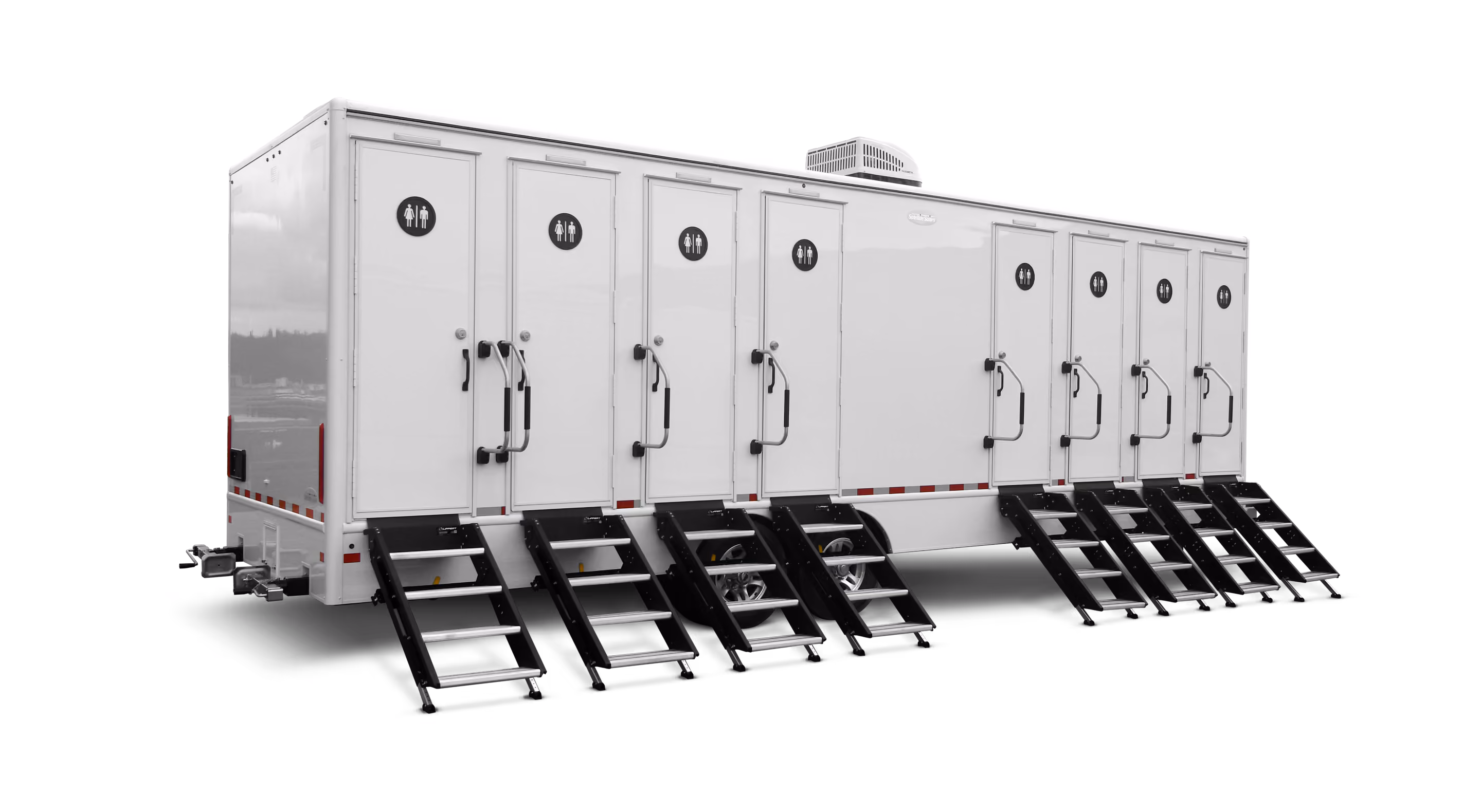 A mobile restroom trailer with eight doors and stairs, designed for outdoor events.