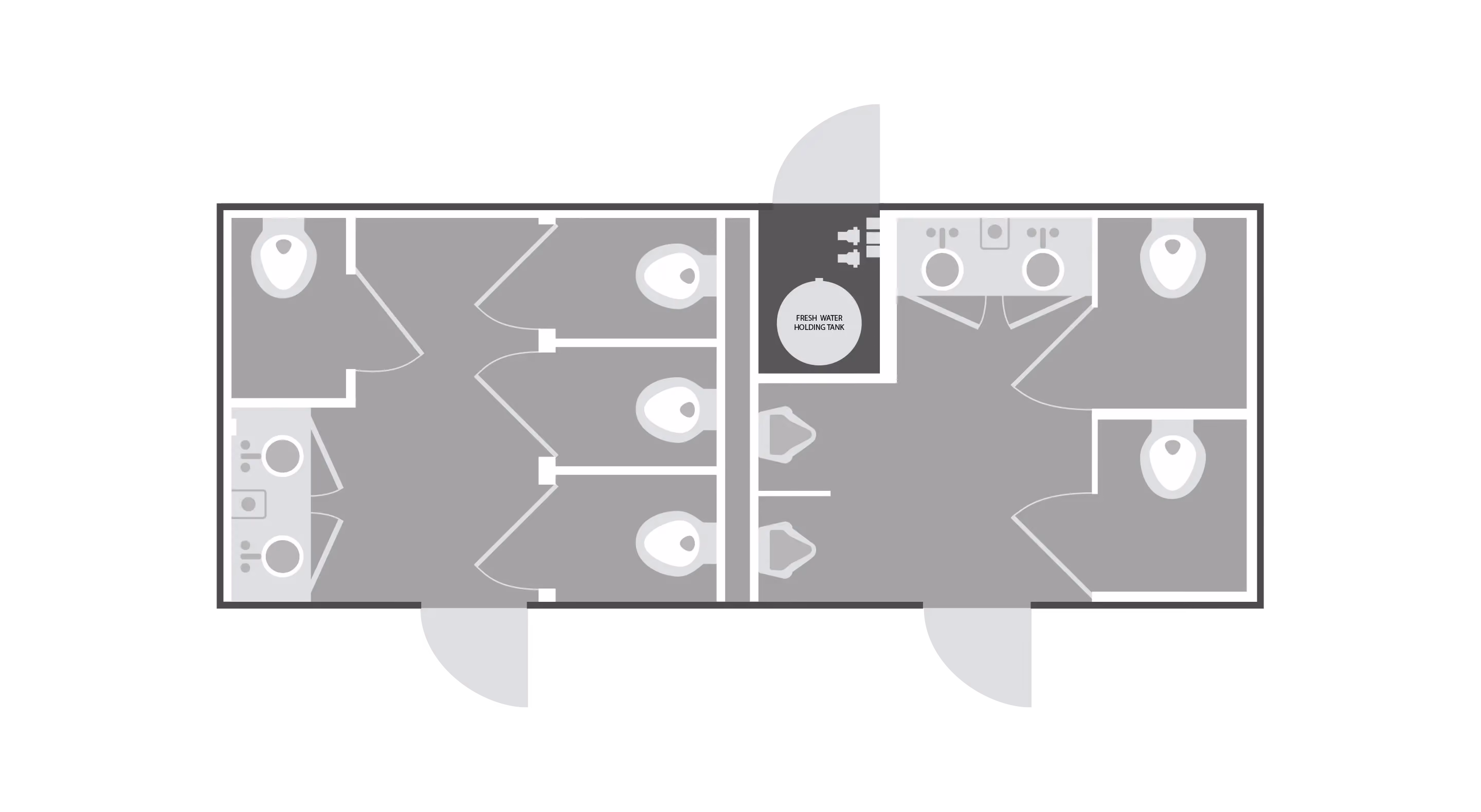 Floor plan of restroom suite with separate men's and women's sections, sinks, toilets, and water tank.