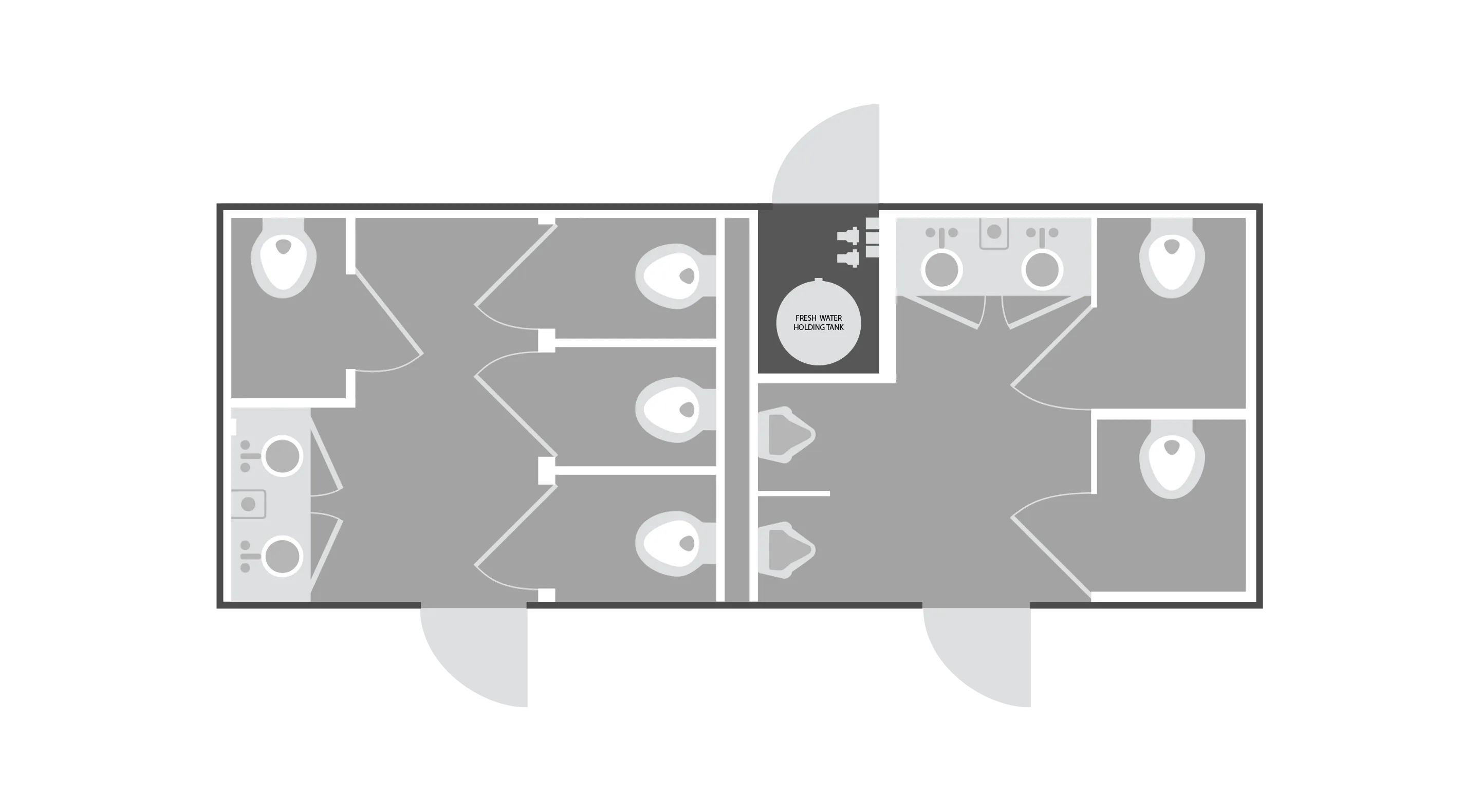 Floor plan of restroom suite with separate men's and women's sections, sinks, toilets, and water tank.