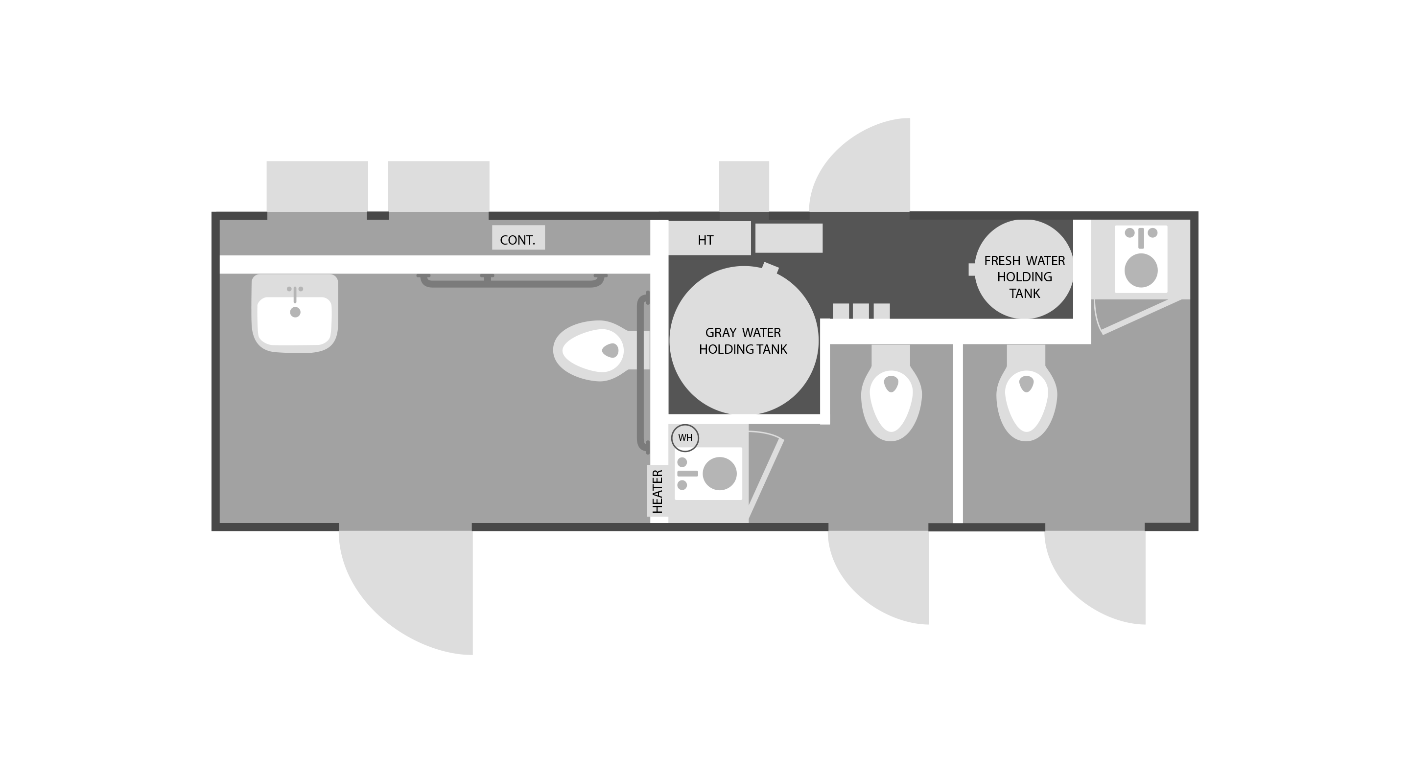 Floor plan showing ADA accessible restroom, gray and fresh water tanks, two toilets, and sinks.