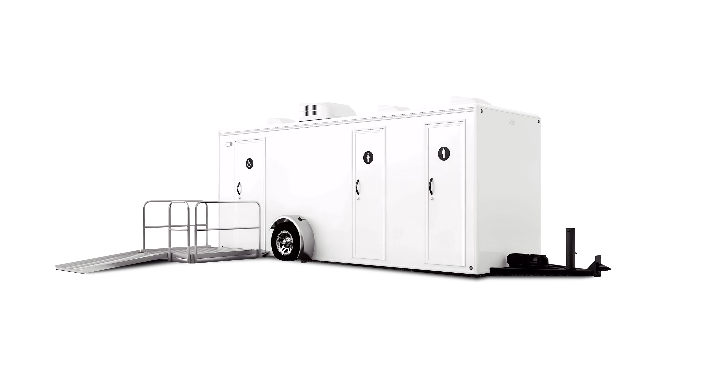 White ADA-compliant trailer with three doors and a wheelchair ramp, designed for portable restrooms.