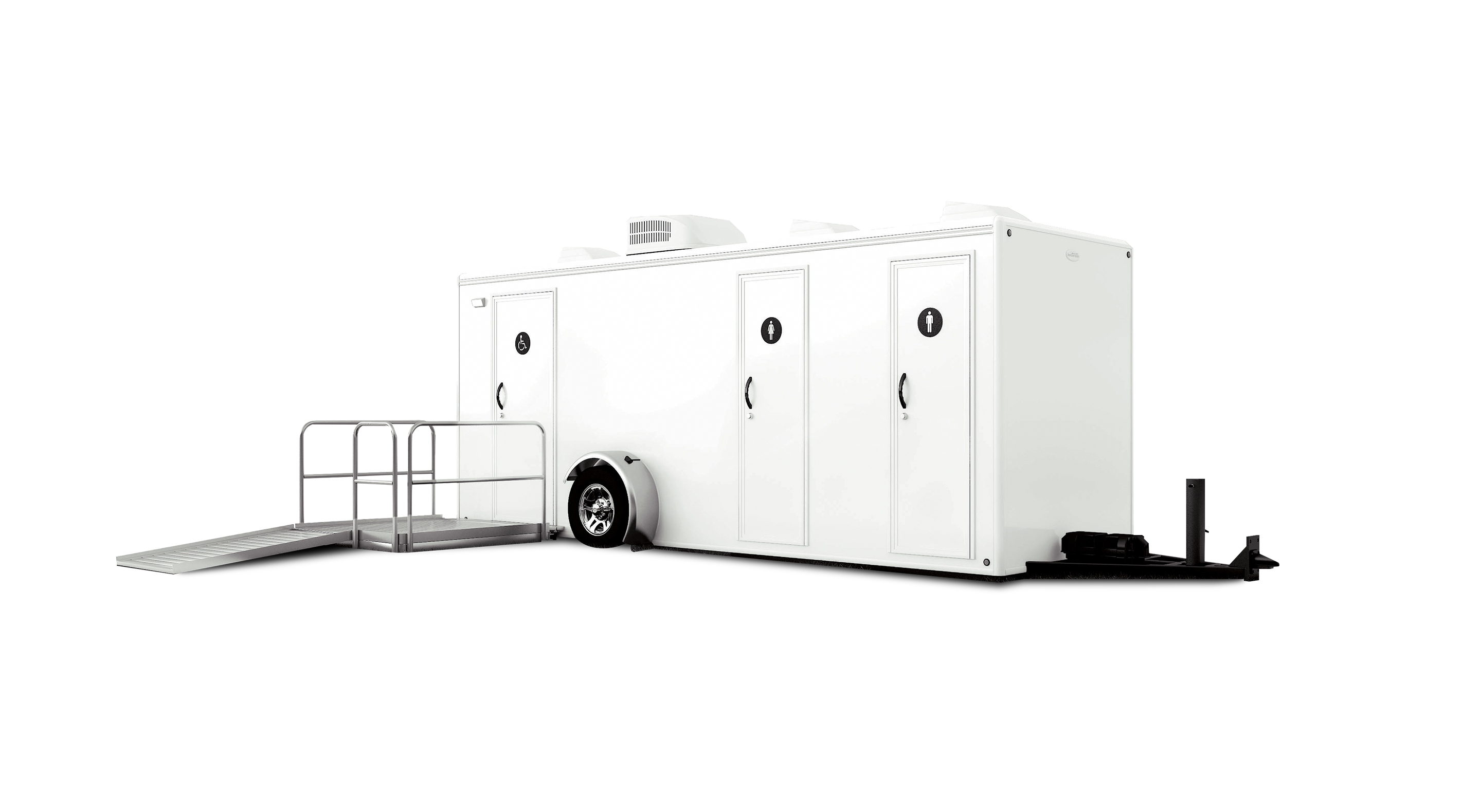 White ADA-compliant trailer with three doors and a wheelchair ramp, designed for portable restrooms.